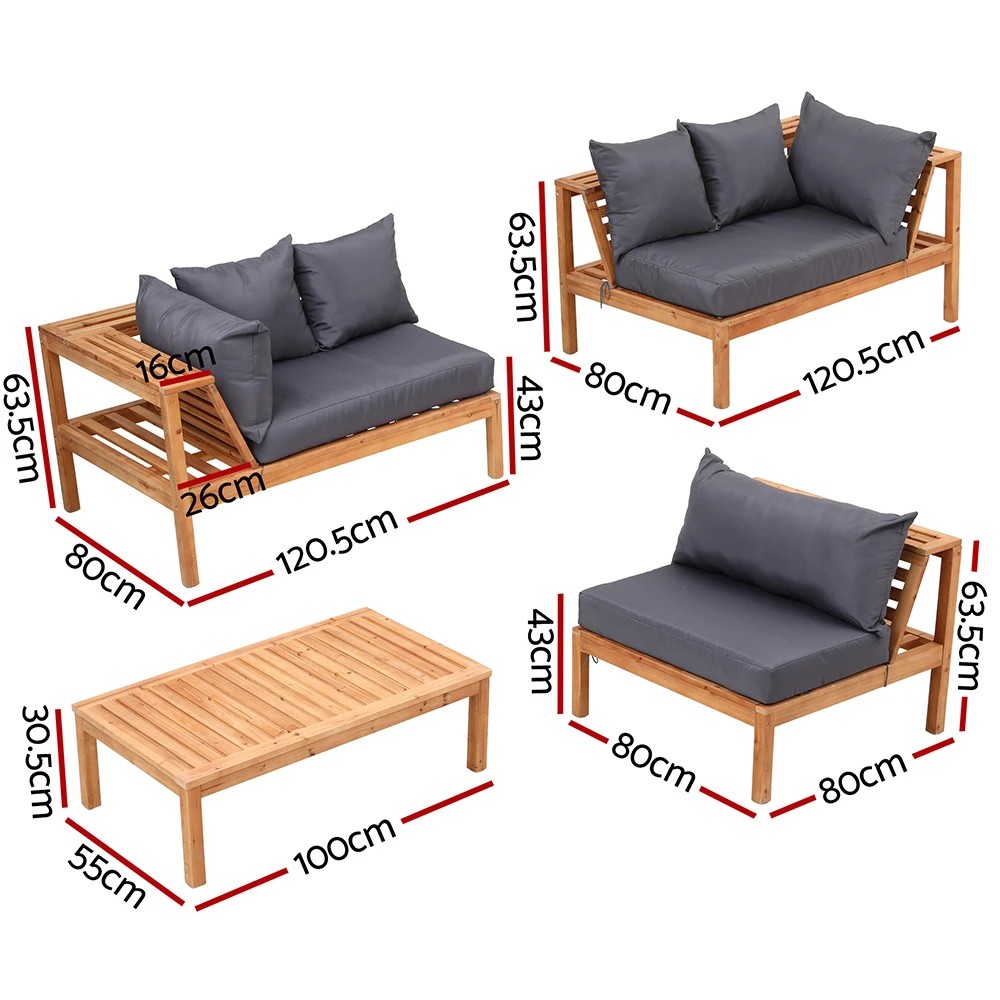 2 Gardeon 4 Pieces Outdoor Sofa Set 5-Seater en Bench with Built-in Side Table - Natural, 2 of 10