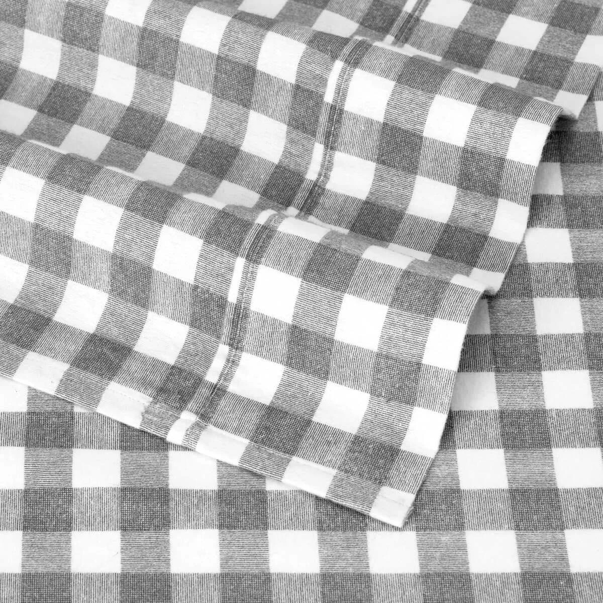 4 Gingham Cotton Flannelette Sheet Set - Double Bed, Grey, 4 of 7