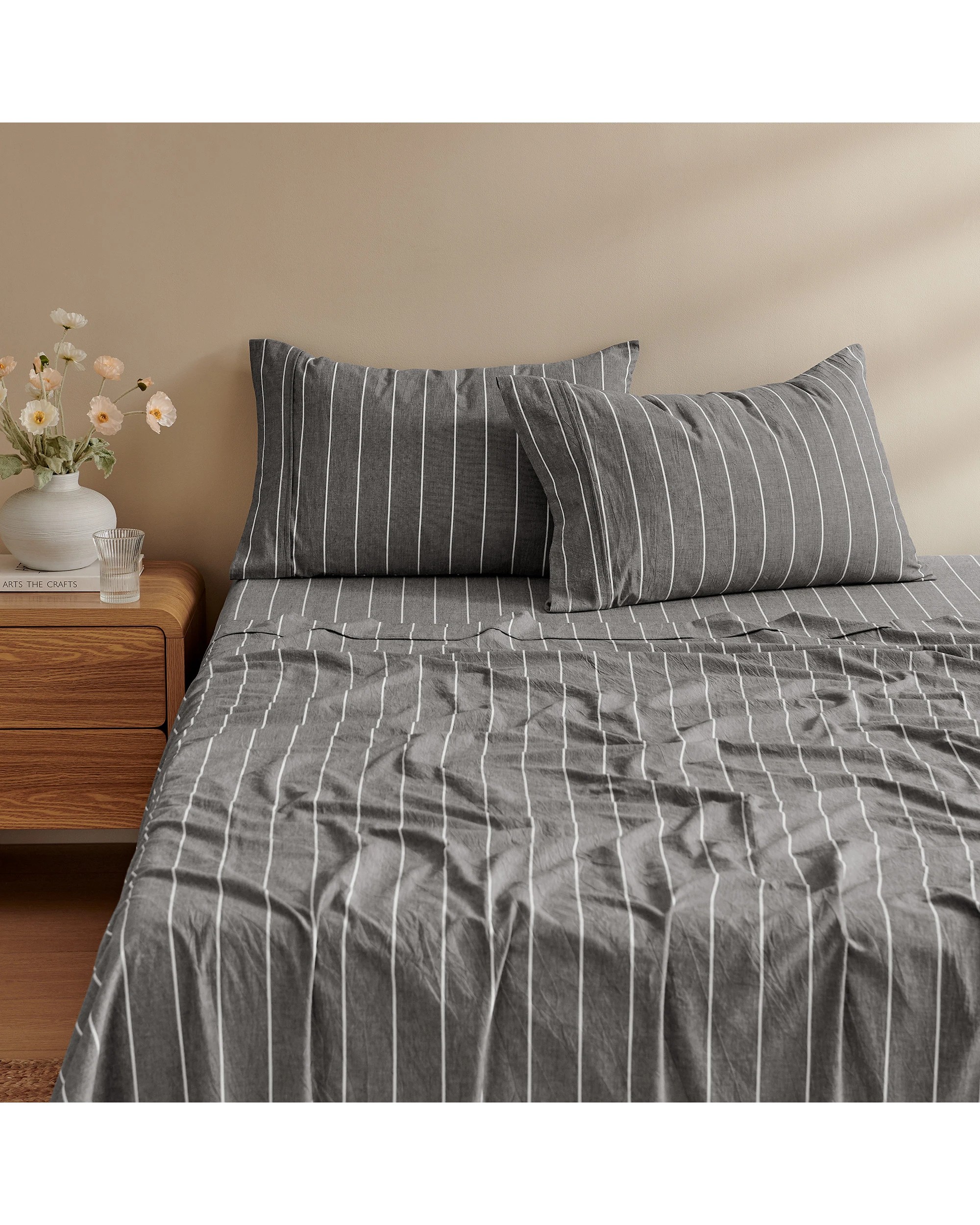 2 Dreamaker Rumi Stripe Washed Cotton Sheet Set - Double Bed - Graphite with White, 2 of 7