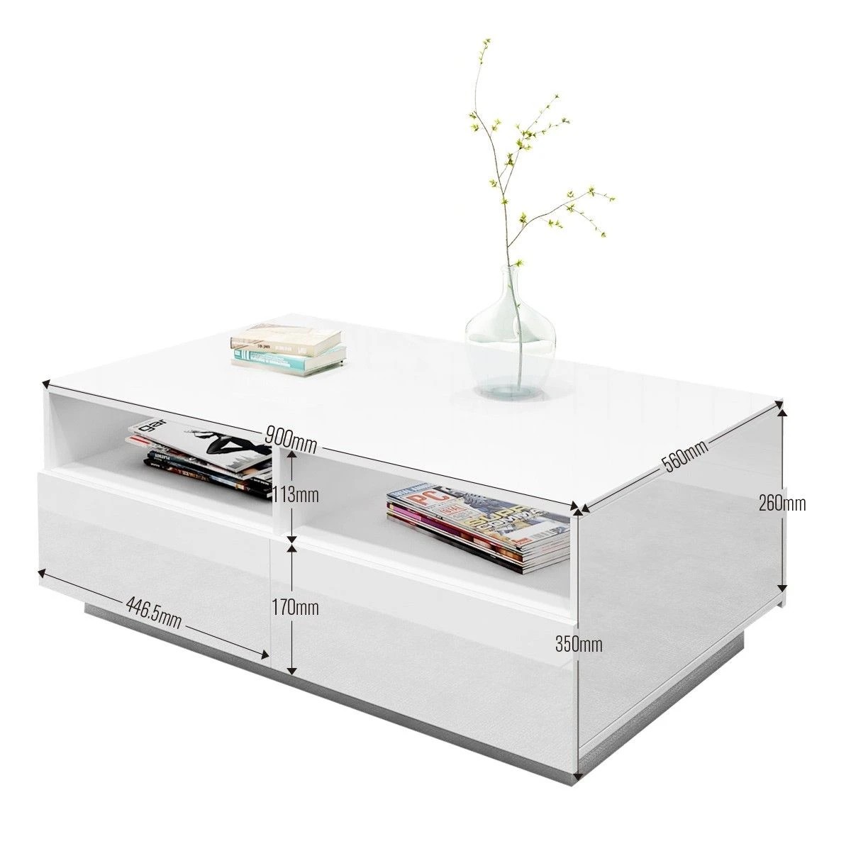 2 AUSWAY Contemporary High Gloss Coffee Table with 4 Drawers White, 2 of 5