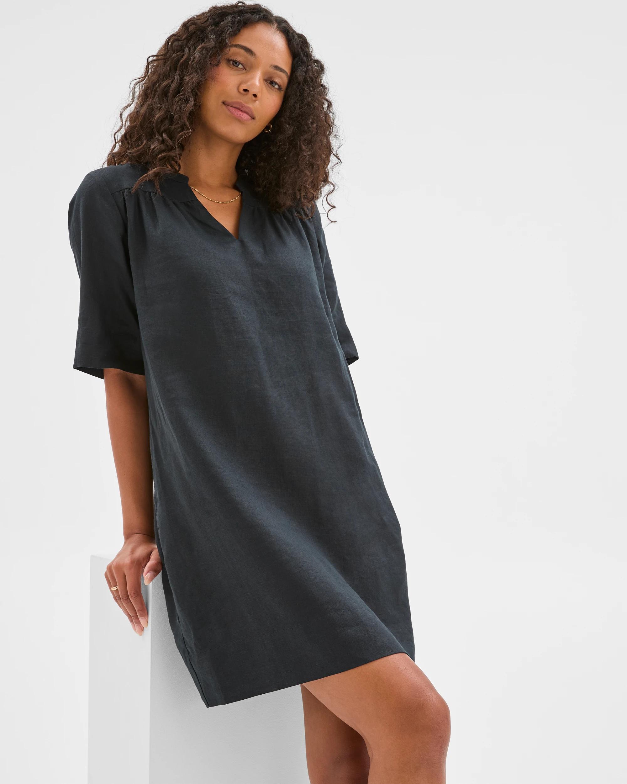 3 Target Woman European Linen Short Sleeve V-Front Mini Dress BLACK, 3 of 6