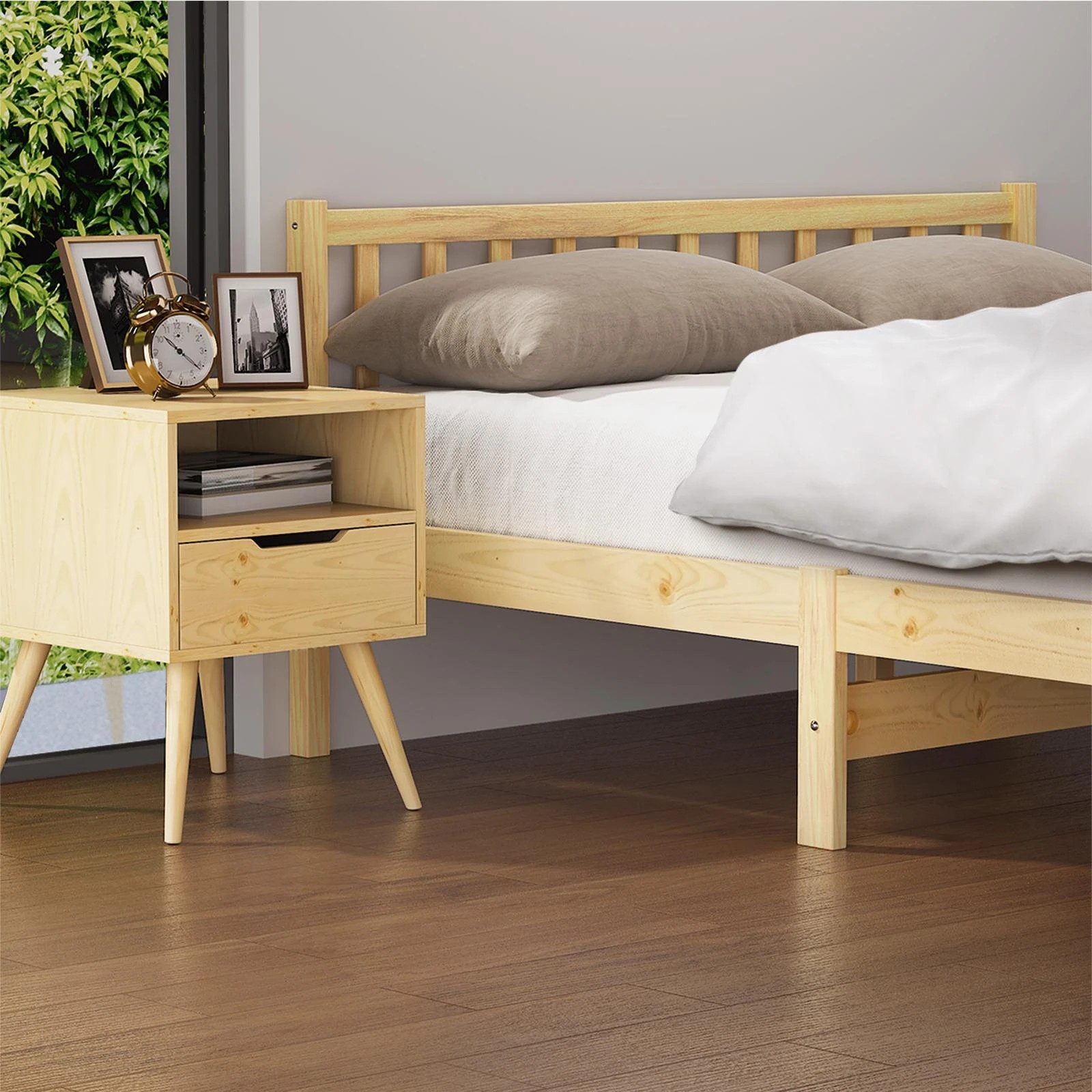 4 Oikiture Bed Frame Queen Size Wooden Timber Base Solid Wood Platform
 - Natural, 4 of 10