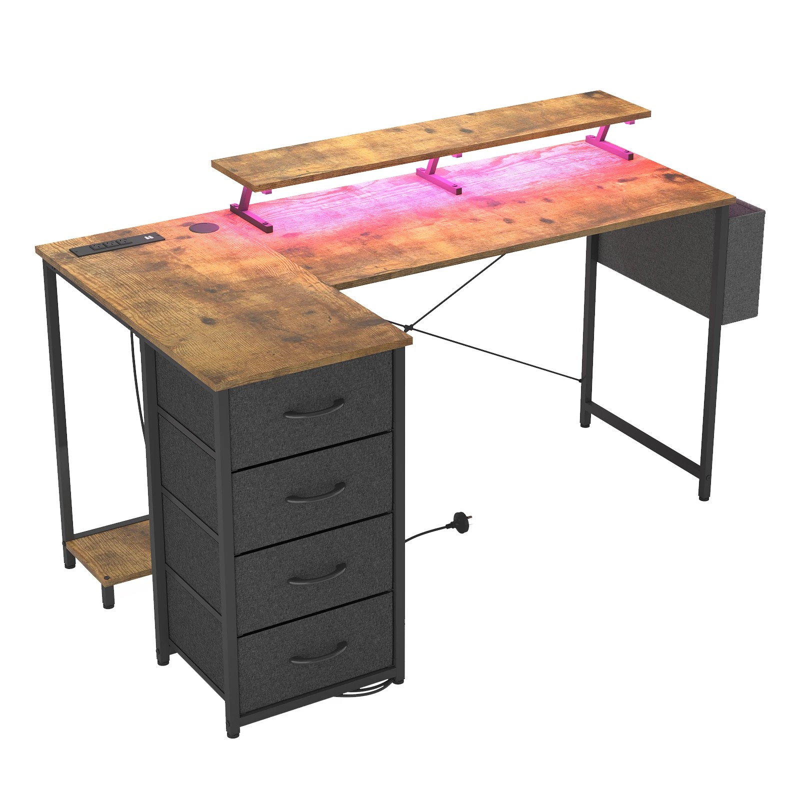 7 Advwin 140cm Walnut L Shaped Computer Desk With Led Lights & Power Outlets, 7 of 9