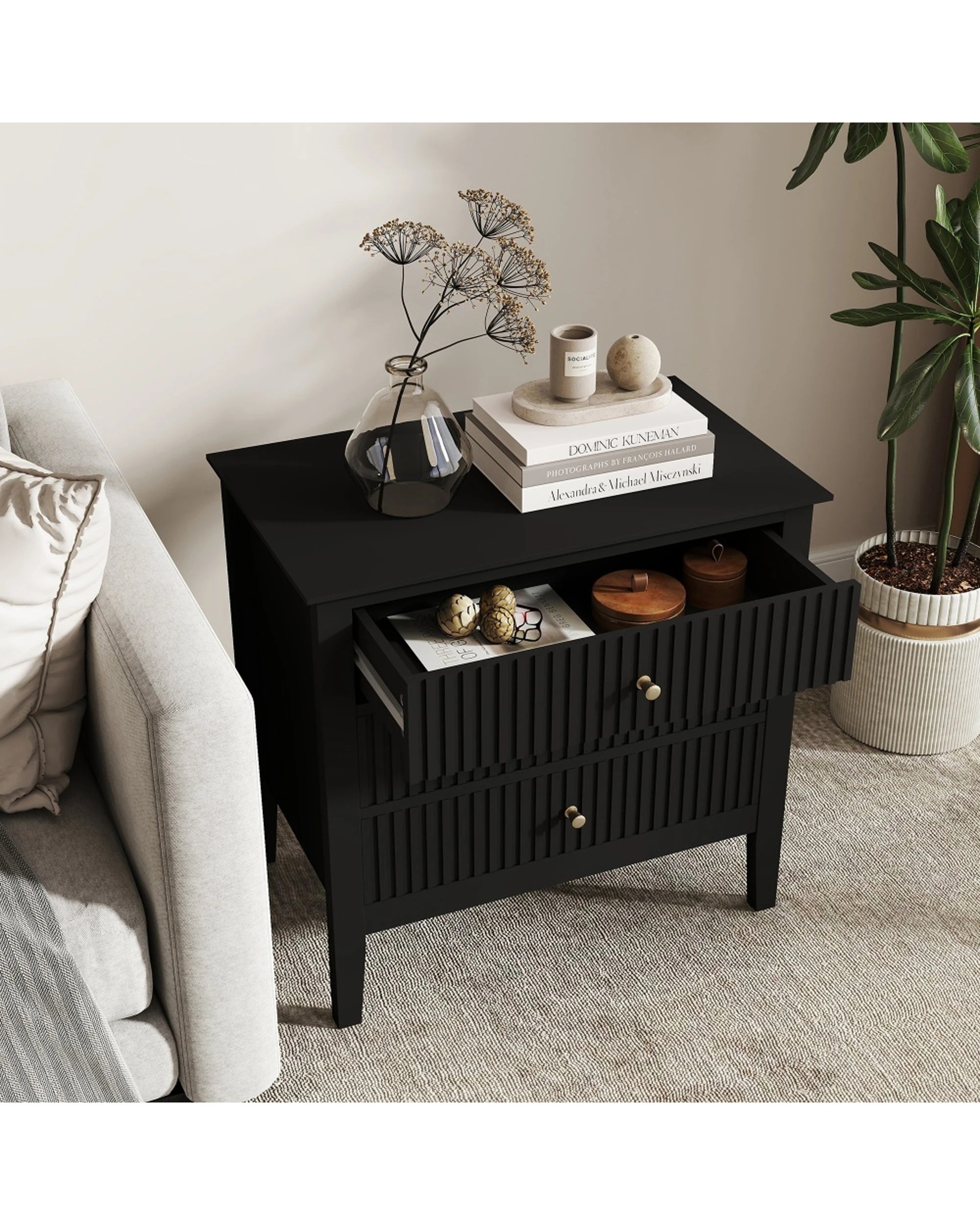4 Alpine Bay Zara Fluted WIDE Bedside Table 3 Drawer W65cm - Black, 4 of 7