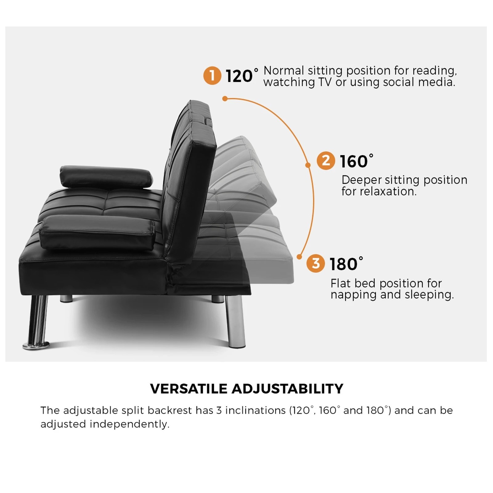 4 Oikiture Sofa Bed Lounge Leather 3 Seater Futon Couch Beds Sofabeds Cup Holder
 - Black, 4 of 10