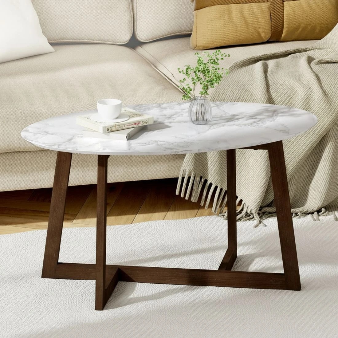 3 Artiss Coffee Table Oval Marble Effect - Brown, 3 of 6