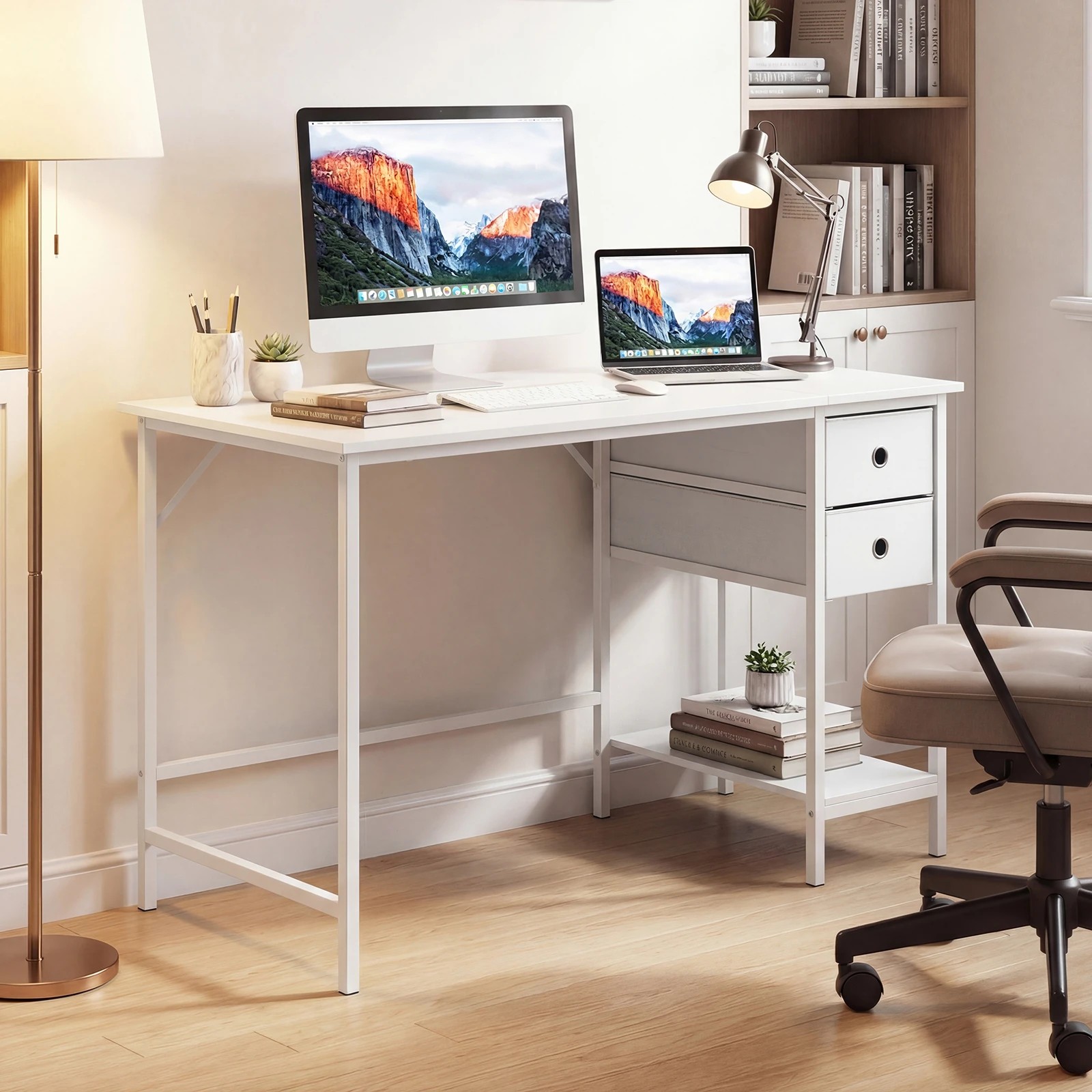 3 Costway 120cm Computer Desk w/Removable Drawers Study Workstation - White, 3 of 6