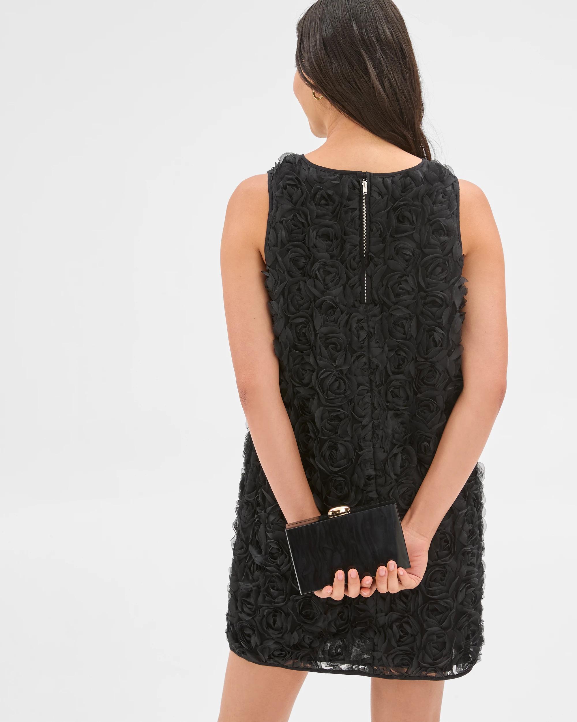 5 Sleeveless Rosette Mini Shift Dress - Preview BLACK, 5 of 6