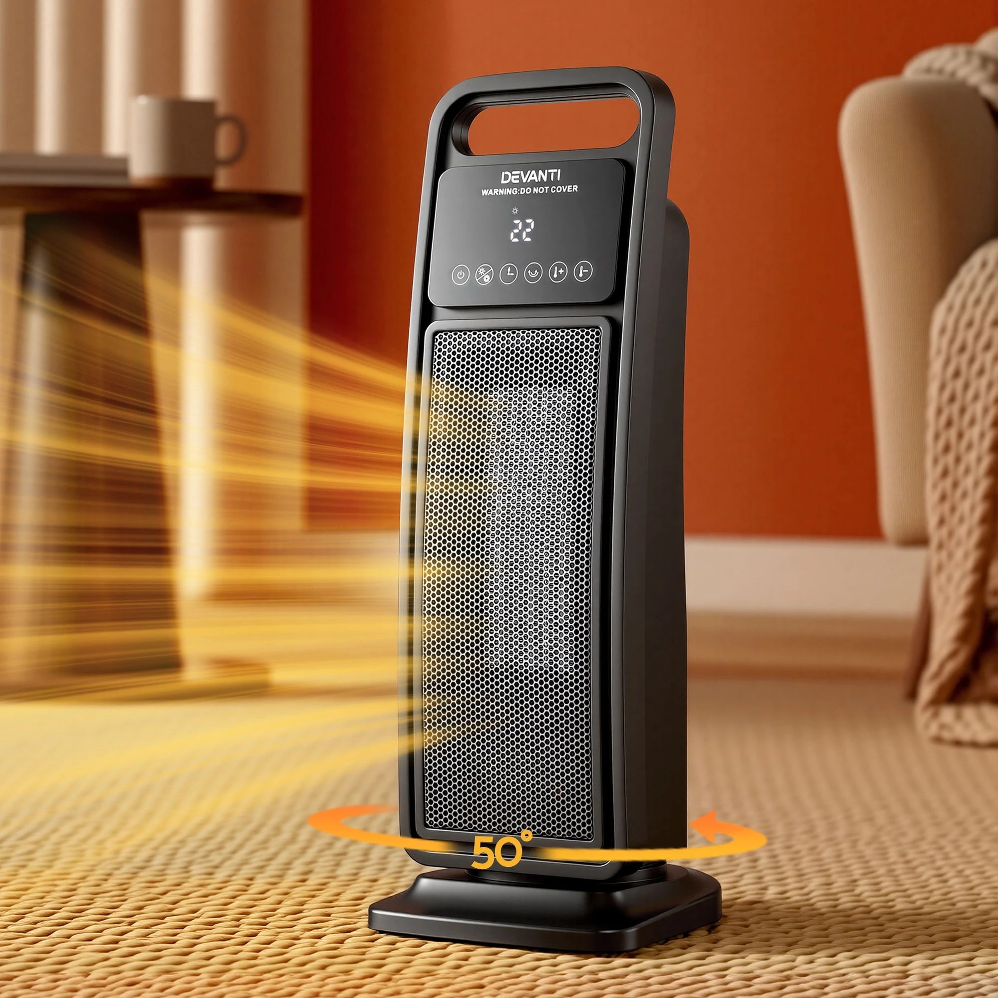 2 Devanti 2000W Ceramic Tower Heater Space Heaters Indoor Oscillating - Black, 2 of 2