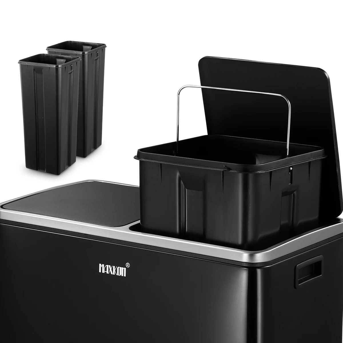 4 Maxkon 60L Pedal Recycling Bin Dustbin Kitchen Rubbish Bins Waste Garbage Trash Can with Dual Compartments Black, 4 of 7