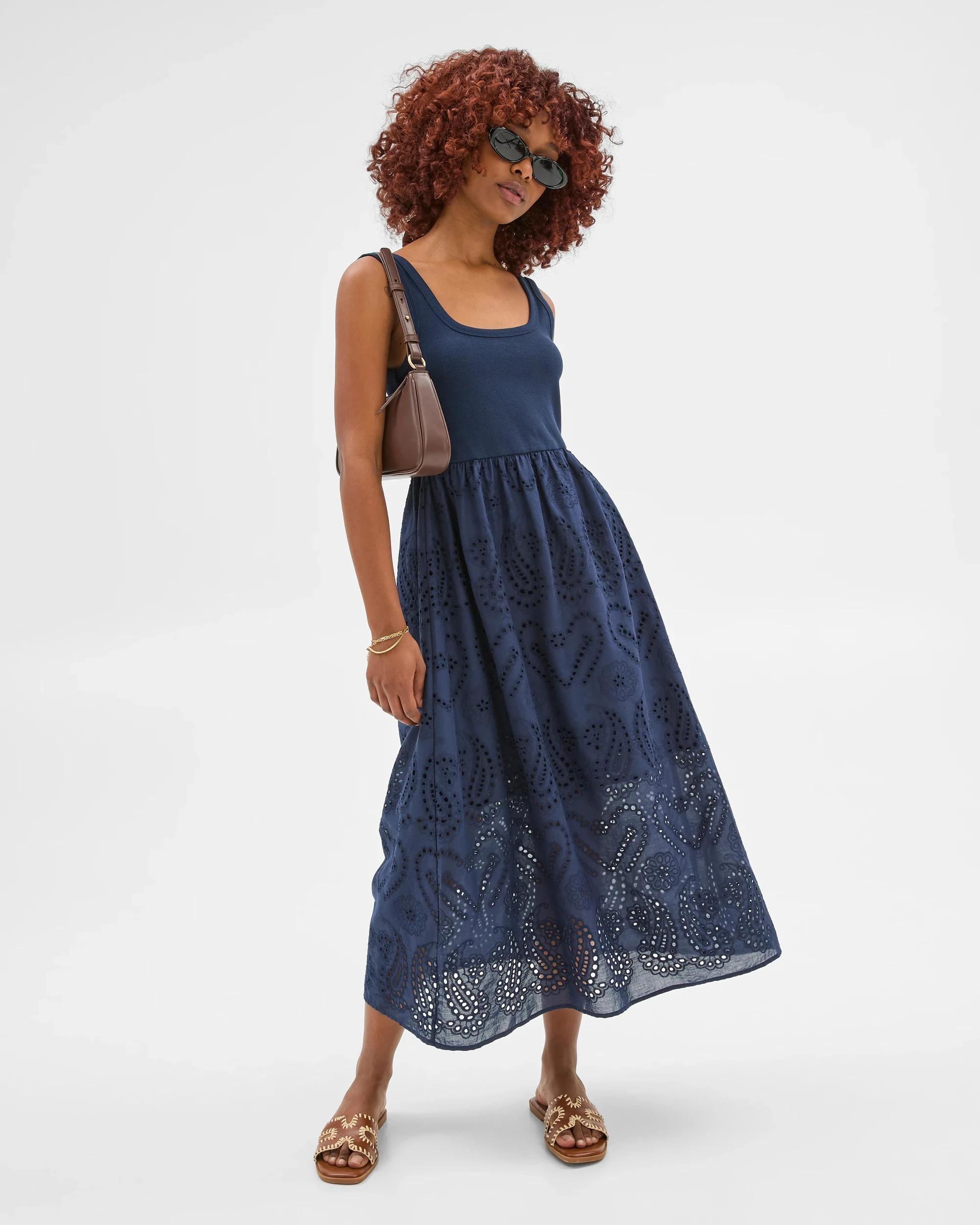 1 Target Petites Petites Rib Broderie Maxi Dress NAVY BLUE, 1 of 5