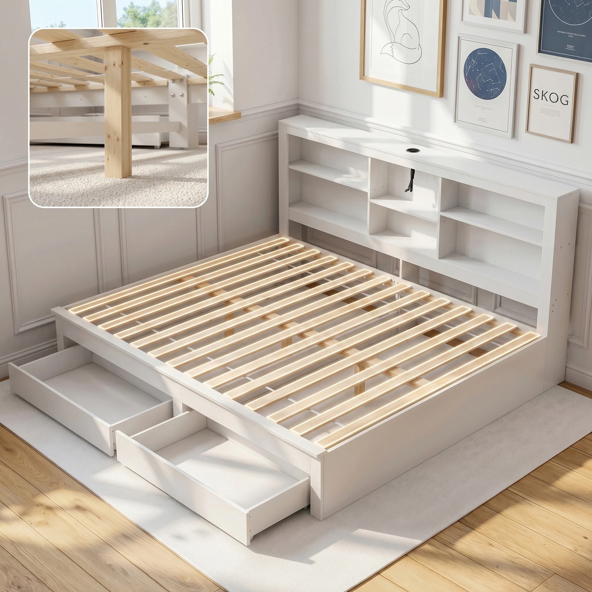6 Artiss Solid Wood Double Platform Bed Frame with Storage Headboard, Charging Station and Drawers - White, 6 of 7