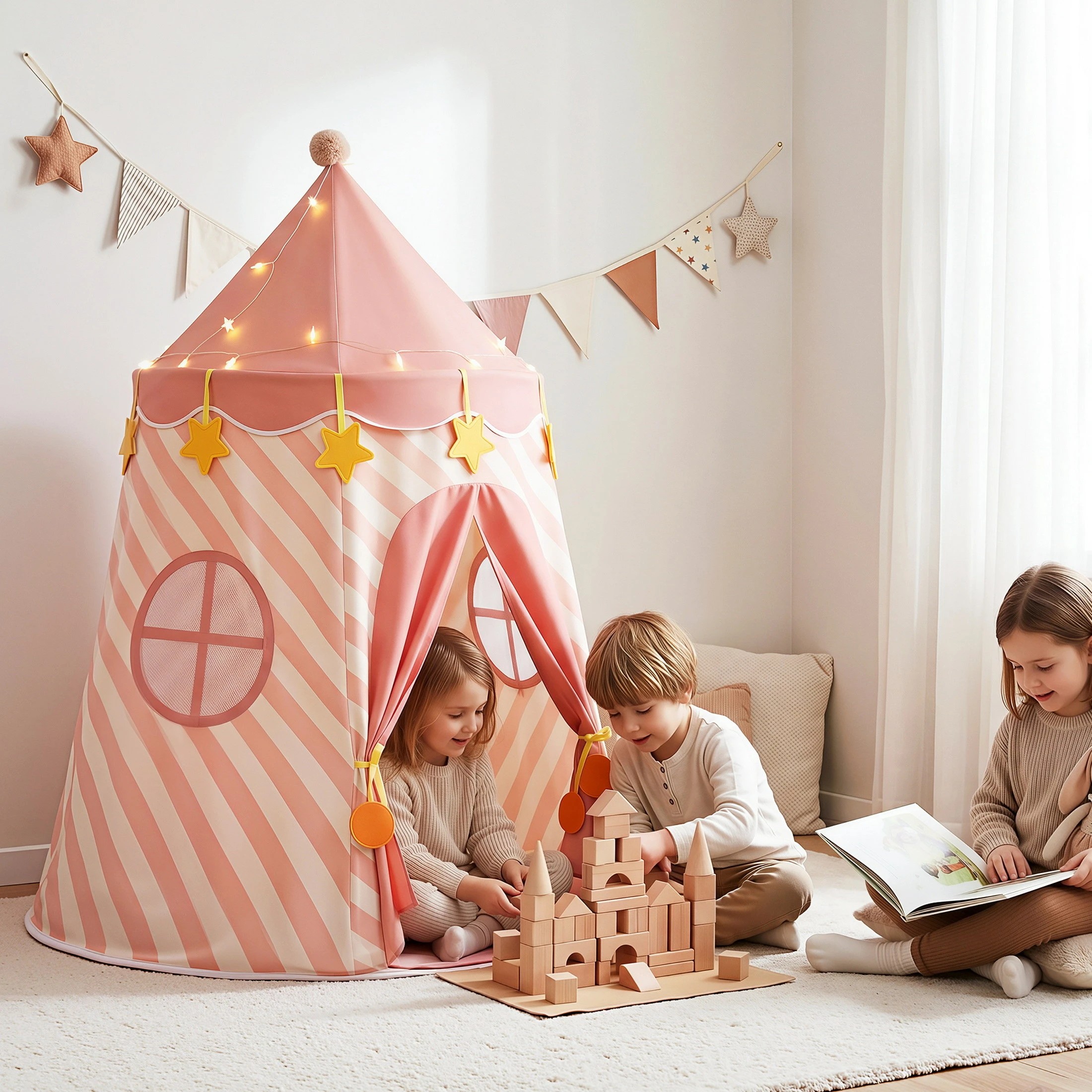 4 Keezi Kids Play Tent with Star Lights – 116x153cm Playhouse with Window & Carry Bag - Pink, 4 of 7
