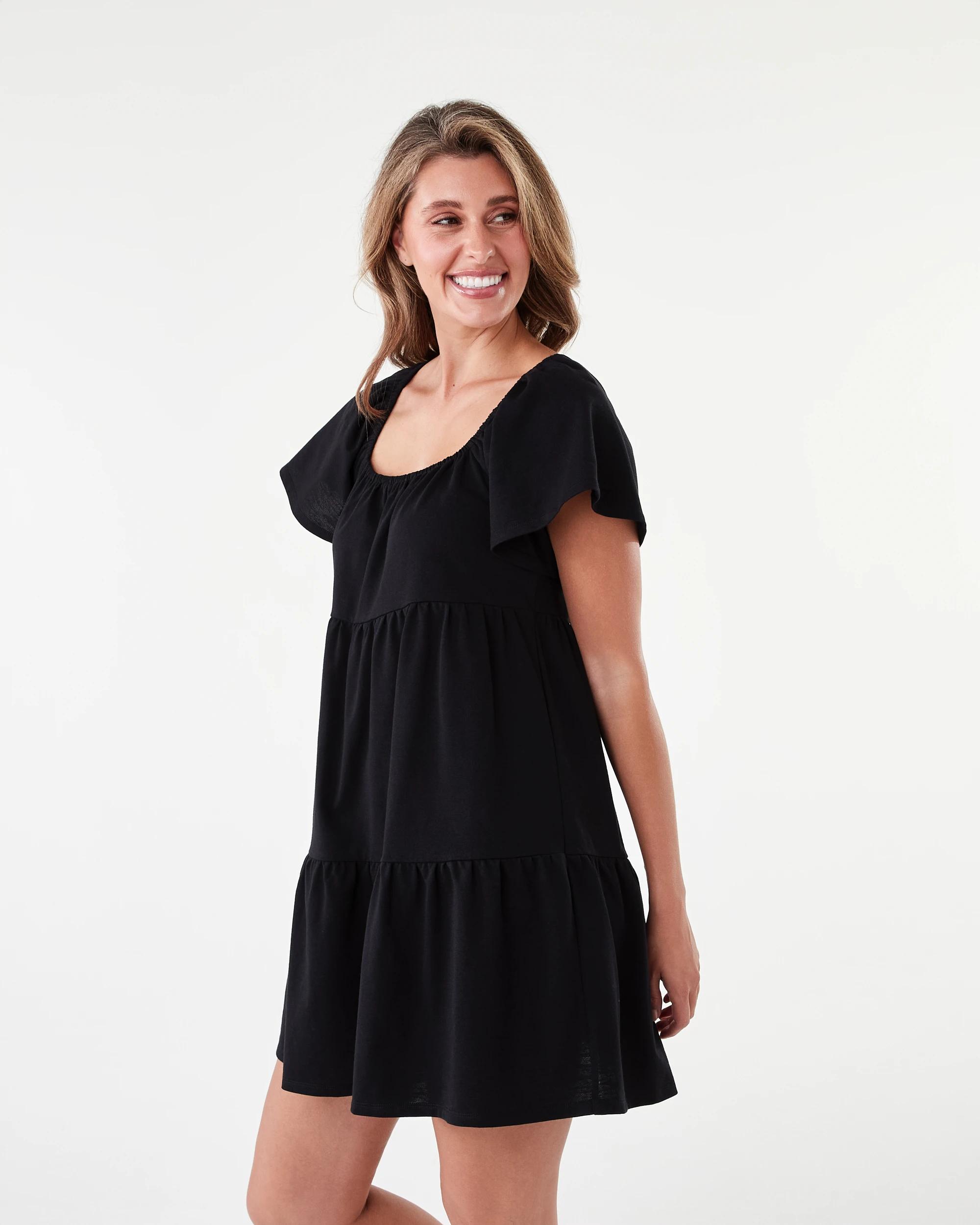2 Short Sleeve Frill Tiered Jersey Mini Dress Black, 2 of 8