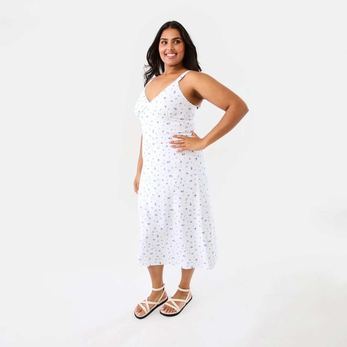4 Sleeveless V-Neck Slip Midi Dress Blue Ditsy, 4 of 10
