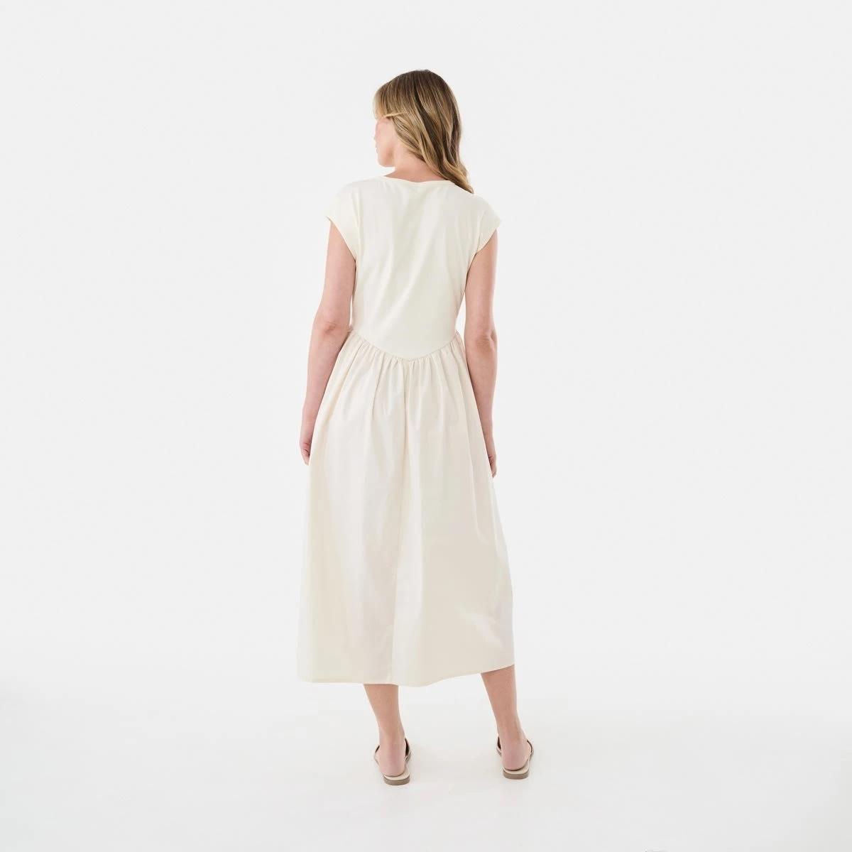 3 Short Sleeve Knit Woven V-Waist T-shirt Midi Dress Bge Cream, 3 of 7
