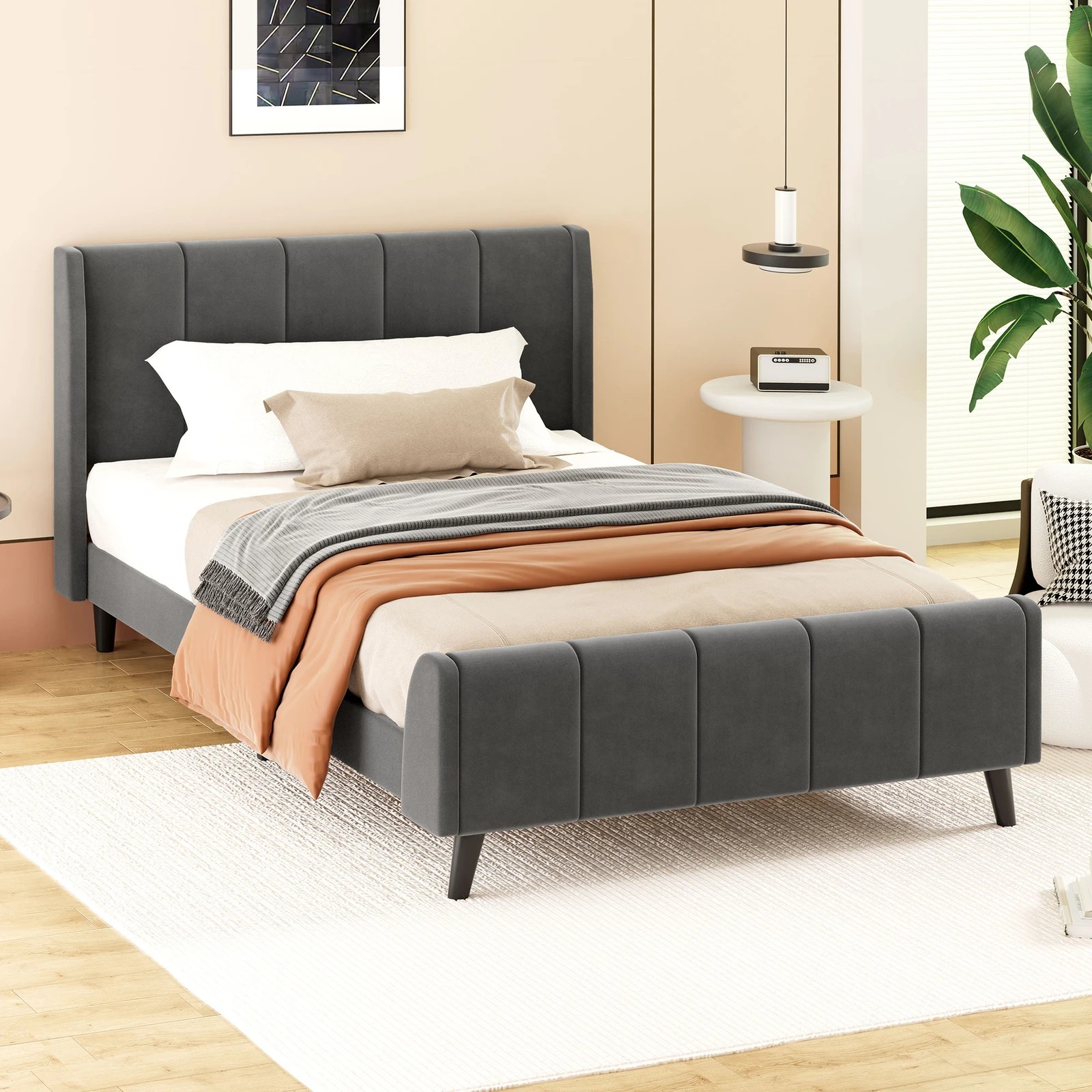 9 Alfordson Bed Frame Single Size Tufted Headboard Base Velvet Hundolf - Grey, 9 of 10