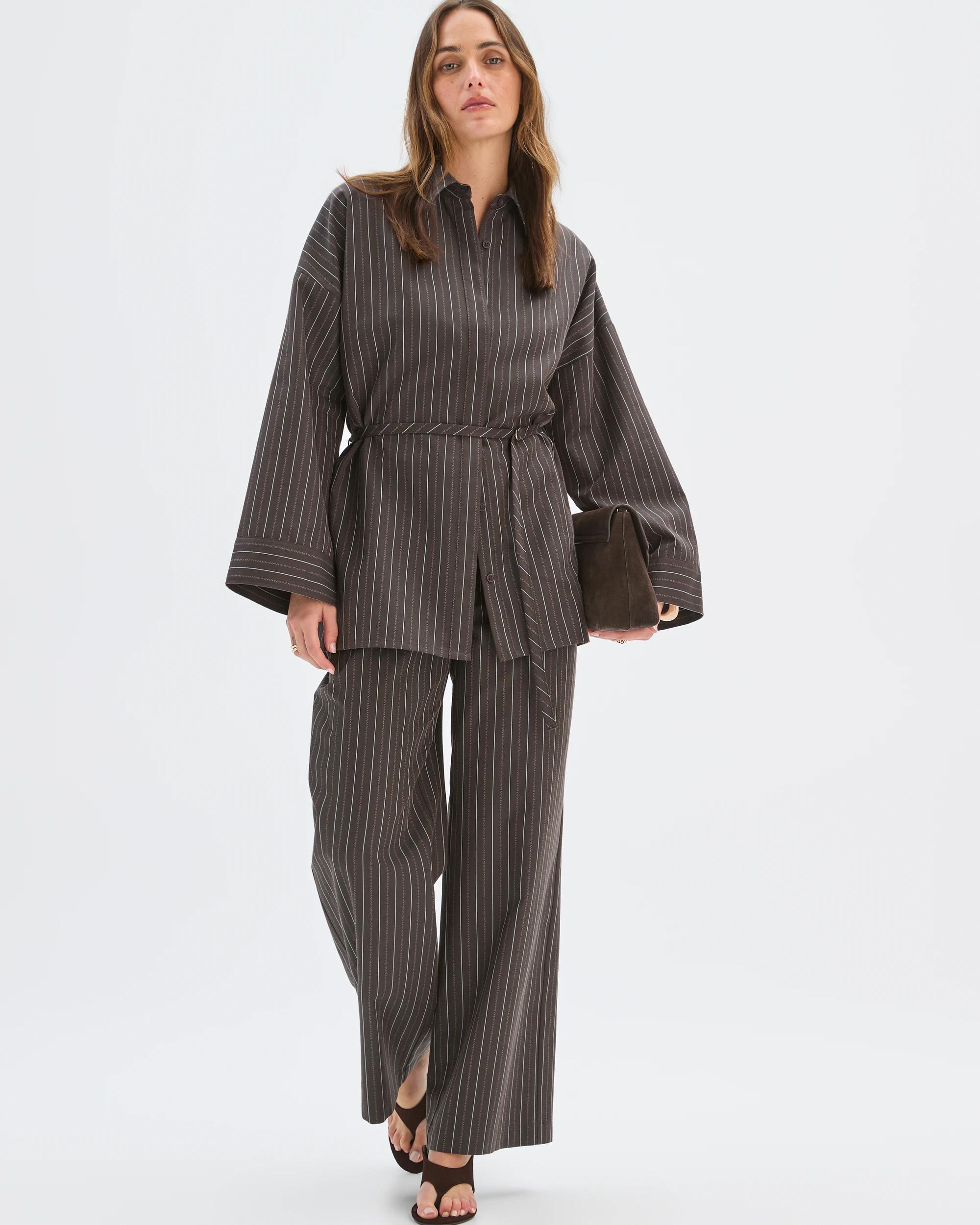 1 Preview Belt Detail Wide Leg Pants BITTER CHOCOLATE STRIPE, 1 of 7