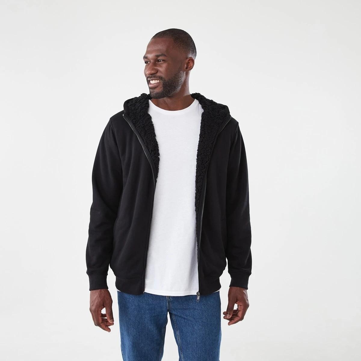 1 Sherpa Lined Zip Through Hoodie Black, 1 of 7