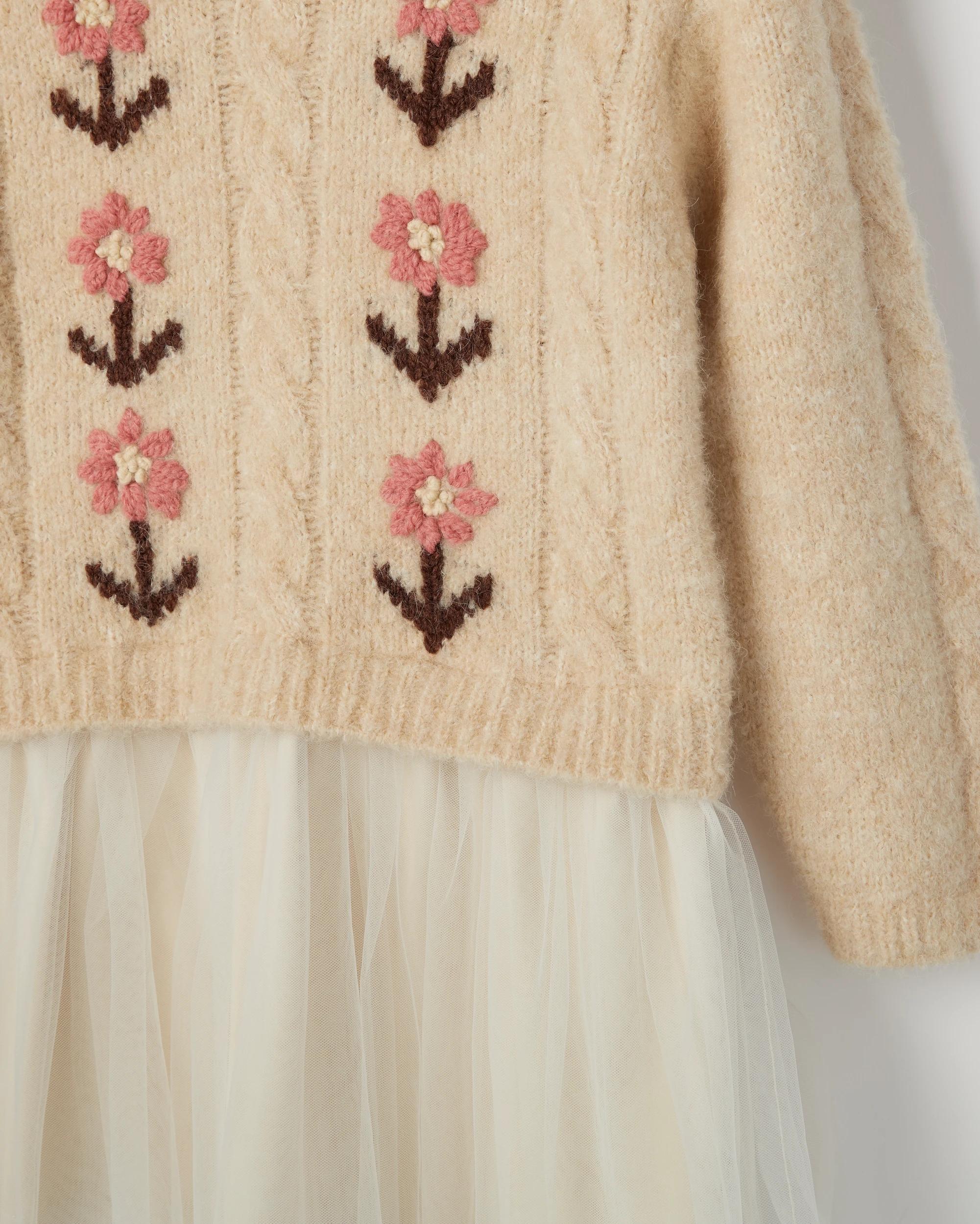 5 Target Kids Long Sleeve Knit Jumper Tulle Embroidered Dress GARDENIA CREAM, 5 of 6