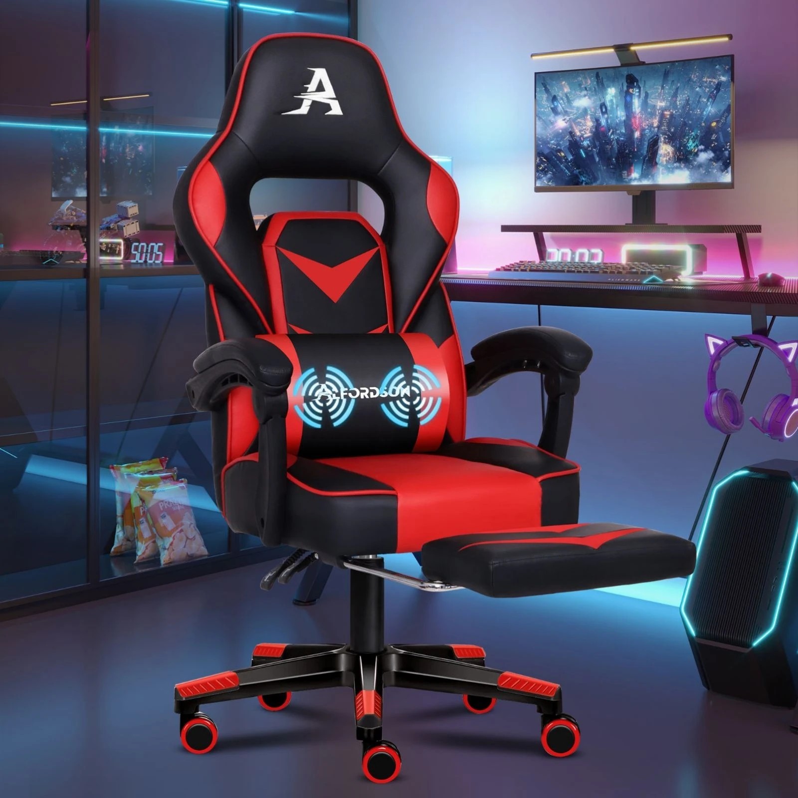 8 Alfordson Gaming Chair Office Seat Racing Lumbar Massage Footrest Executive - Red, 8 of 10