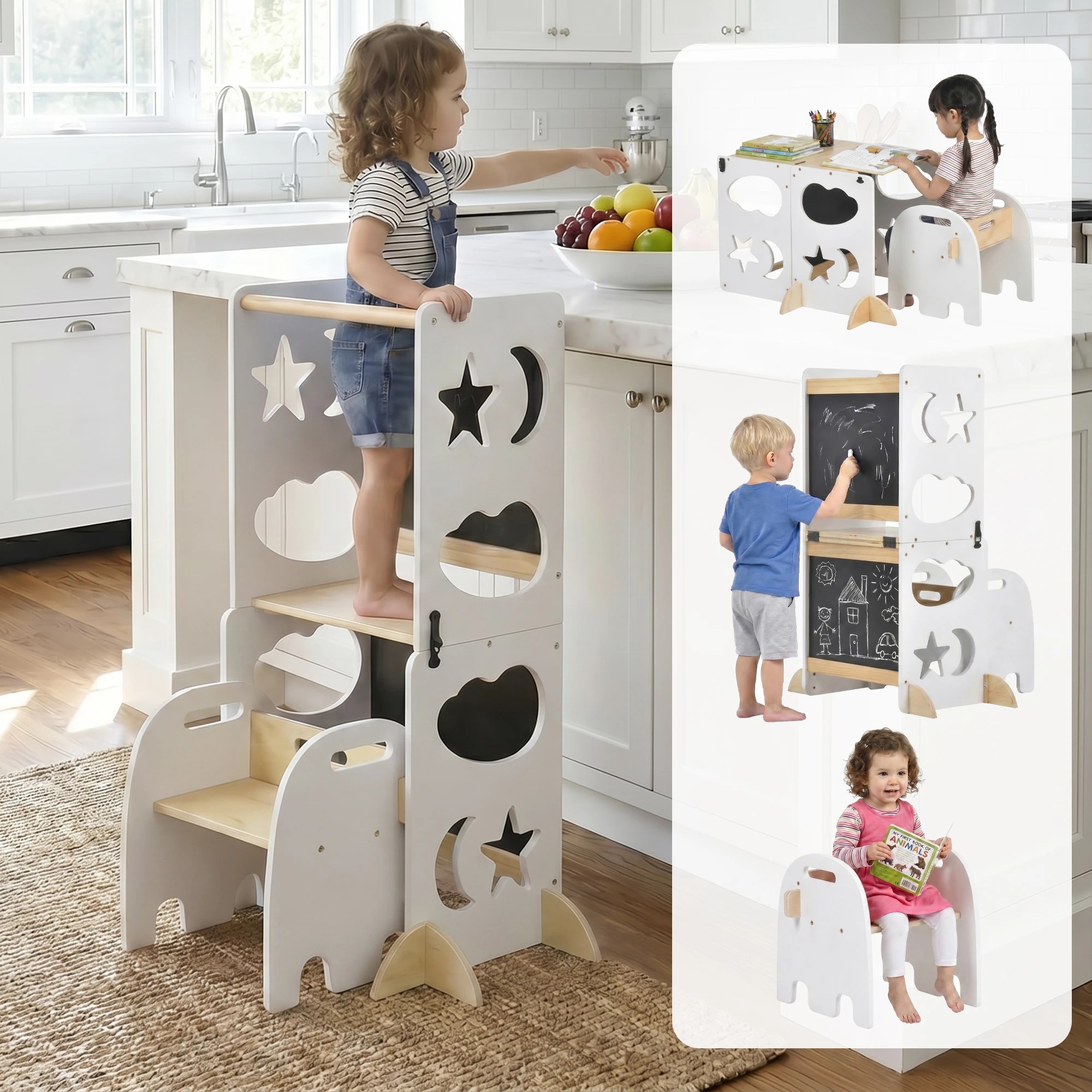 4 Advwin Toddler Kitchen Step Stool Helper w/ Double Blackboard & Safety Rail Foldable Standing Learning Tower - White, 4 of 7