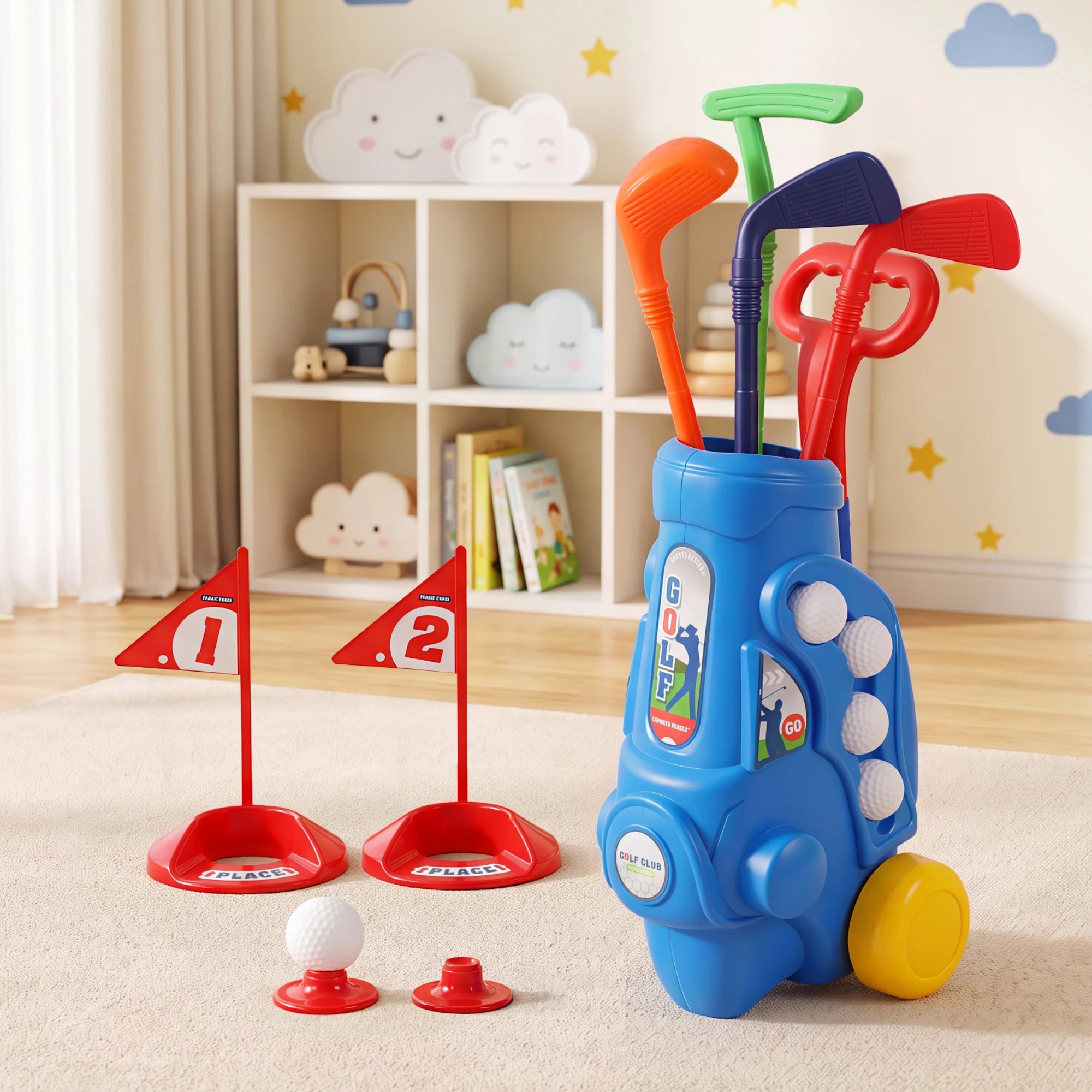 2 Keezi Kids Golf Set with Pull Cart 4 Clubs 4 Balls Indoor Outdoor Mini Golf Game Toy Ages 2-6 - Blue, 2 of 7
