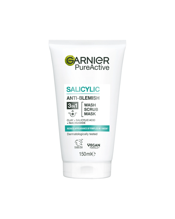 Garnier SkinActive PureActive 3-in-1 Anti-Spot Wash, Scrub and Mask 150ml - Clay and Niacinamide