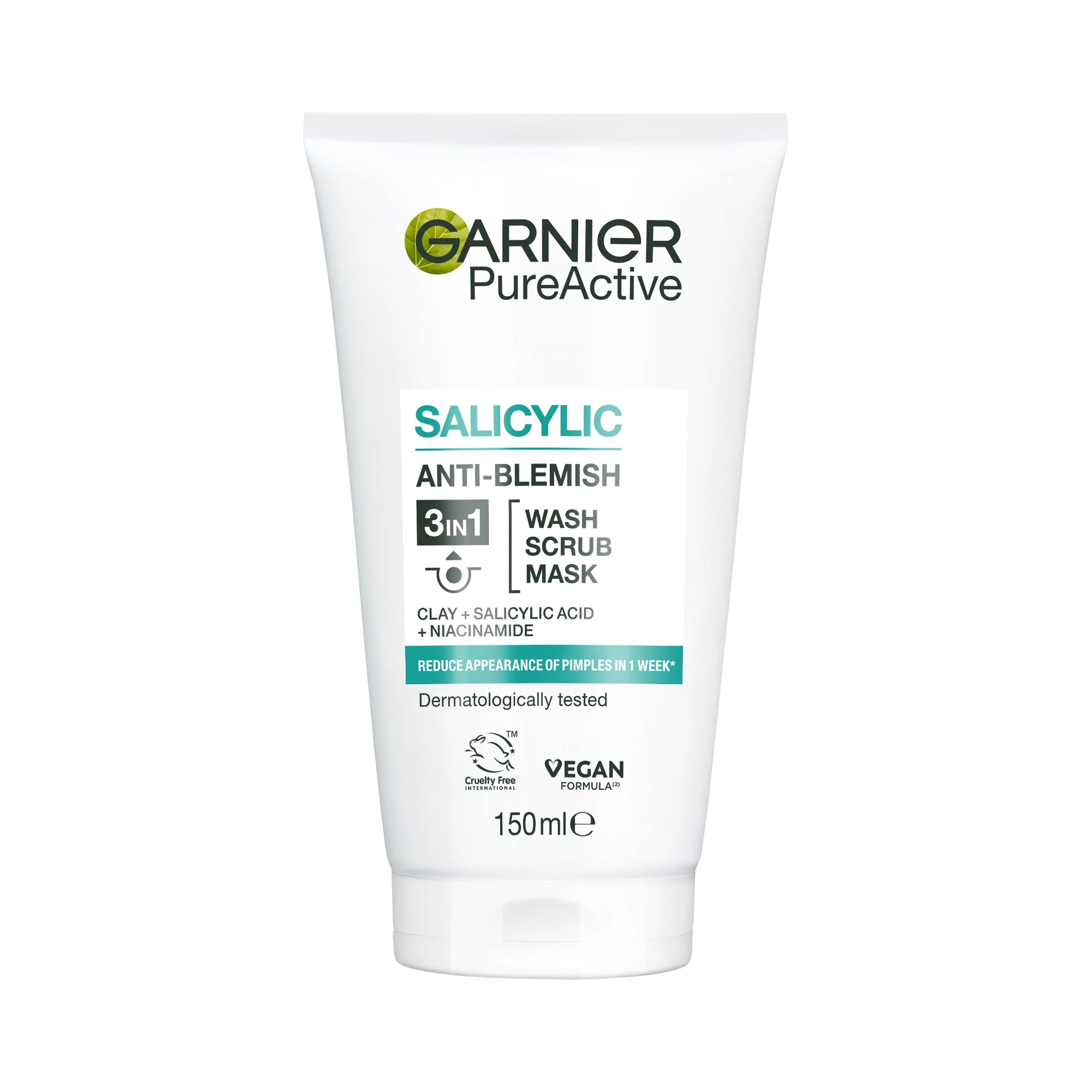 1 Garnier SkinActive PureActive 3-in-1 Anti-Spot Wash, Scrub and Mask 150ml - Clay and Niacinamide, 1 of 4