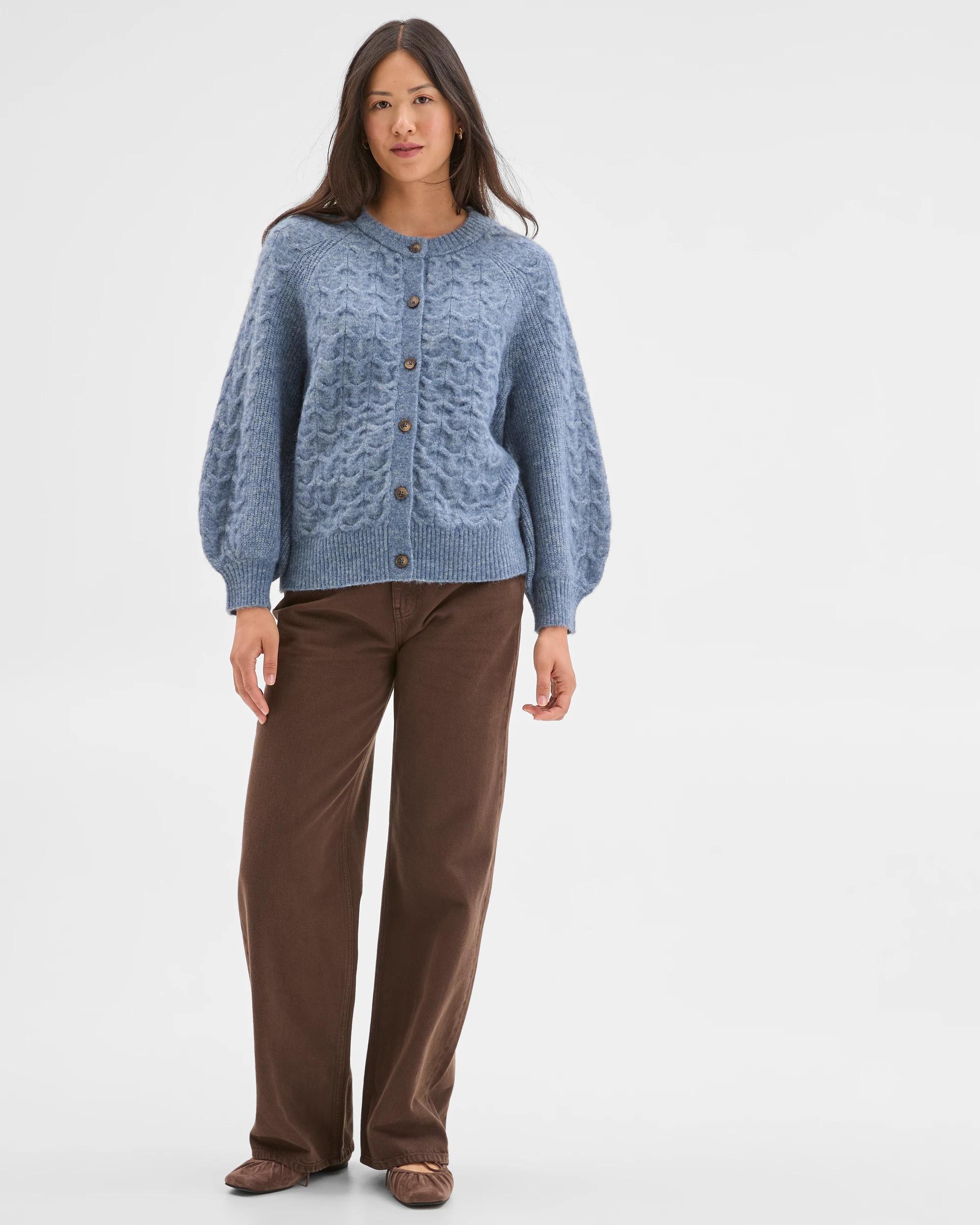 2 Target Woman Cable Knit Bell Sleeve Cardigan BLUE FOG, 2 of 8