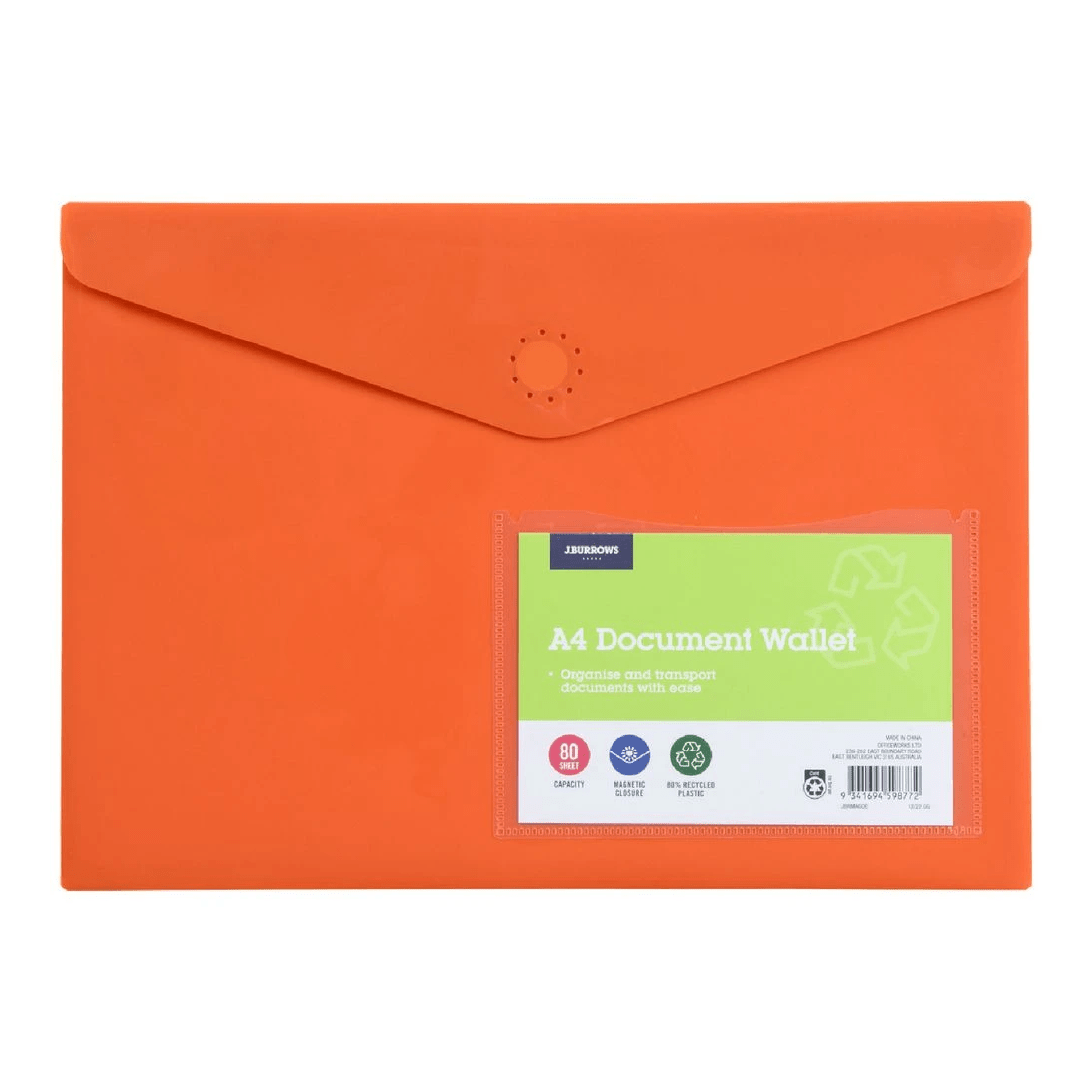 1 J.Burrows A4 Document Wallet Magnetic Closure Orange, 1 of 4