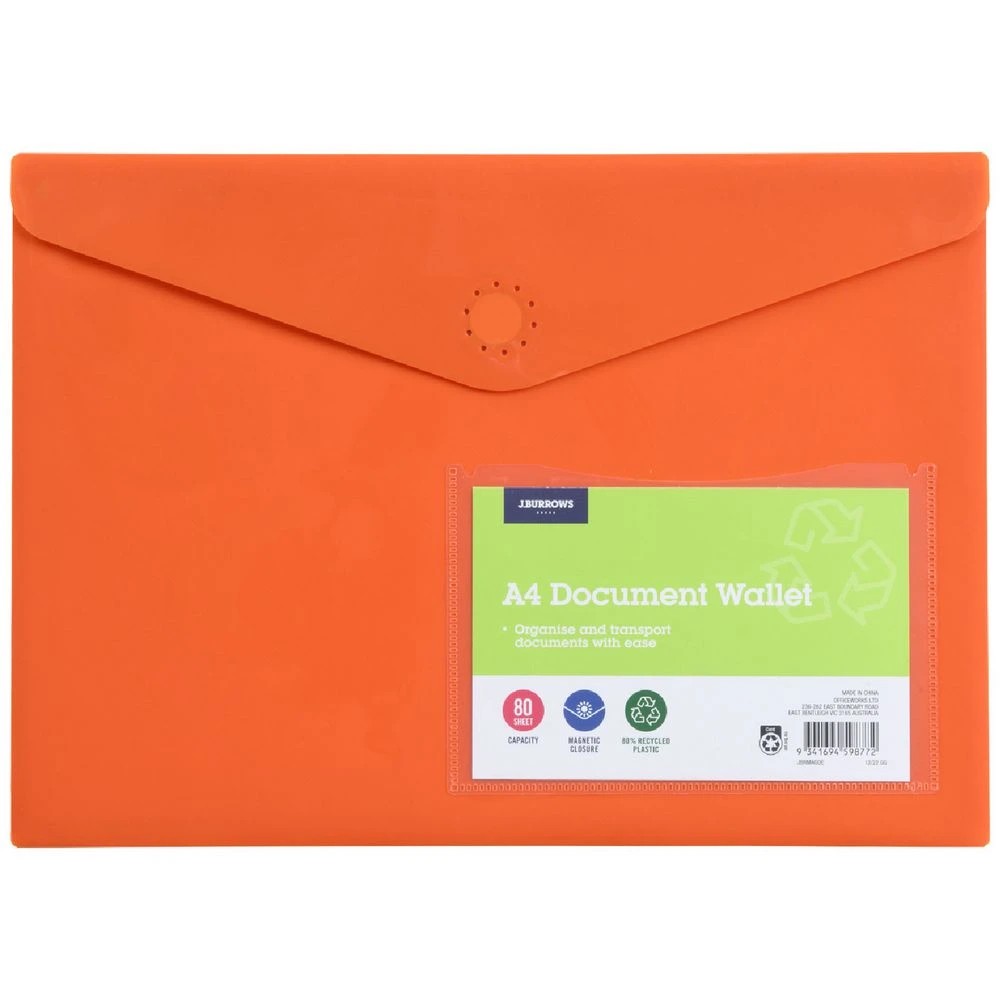 1 J.Burrows A4 Document Wallet Magnetic Closure Orange, 1 of 4