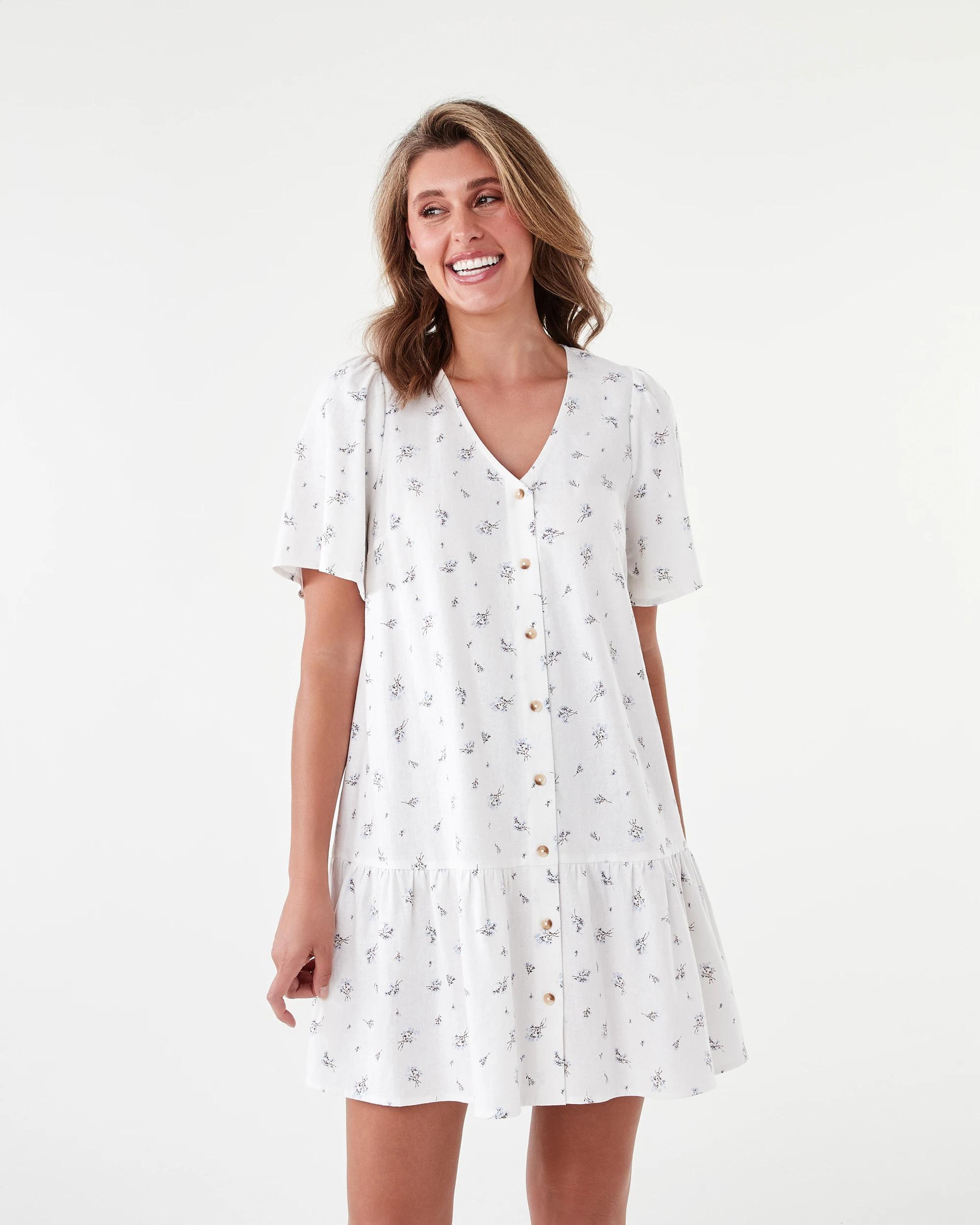 1 Short Sleeve Linen Blend Drop Tier Mini Dress Ditsy, 1 of 9