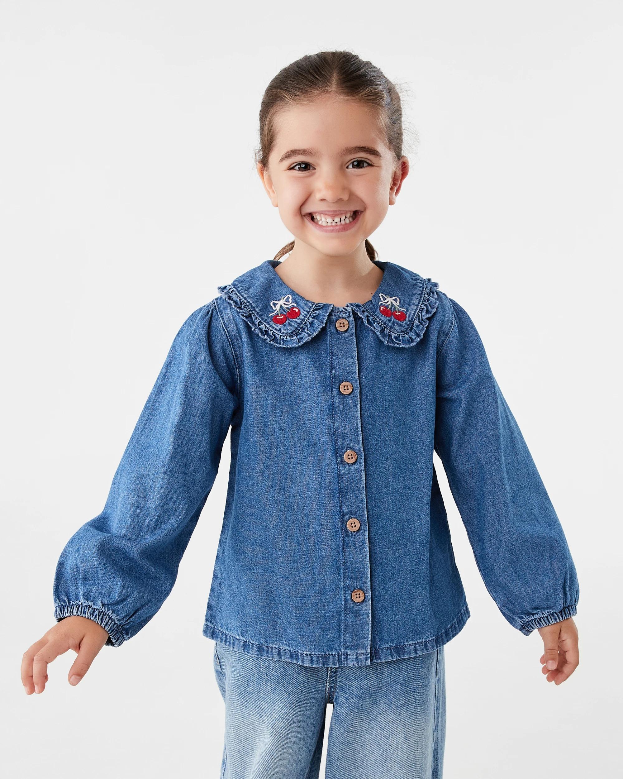 1 Long Sleeve Denim Frill Shirt Red Cherry, 1 of 9