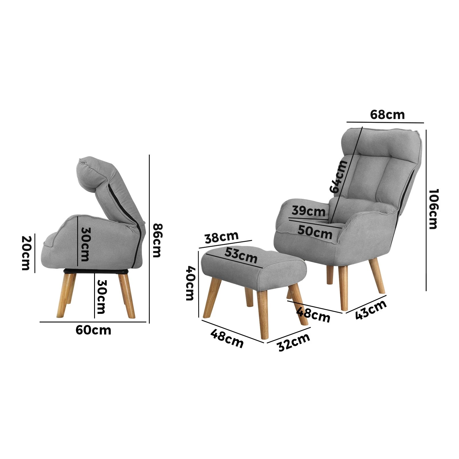 2 Oikiture 2x 360 Swivel Recliner Armchair Lounge Ottoman Chair With Stool - Grey, 2 of 10