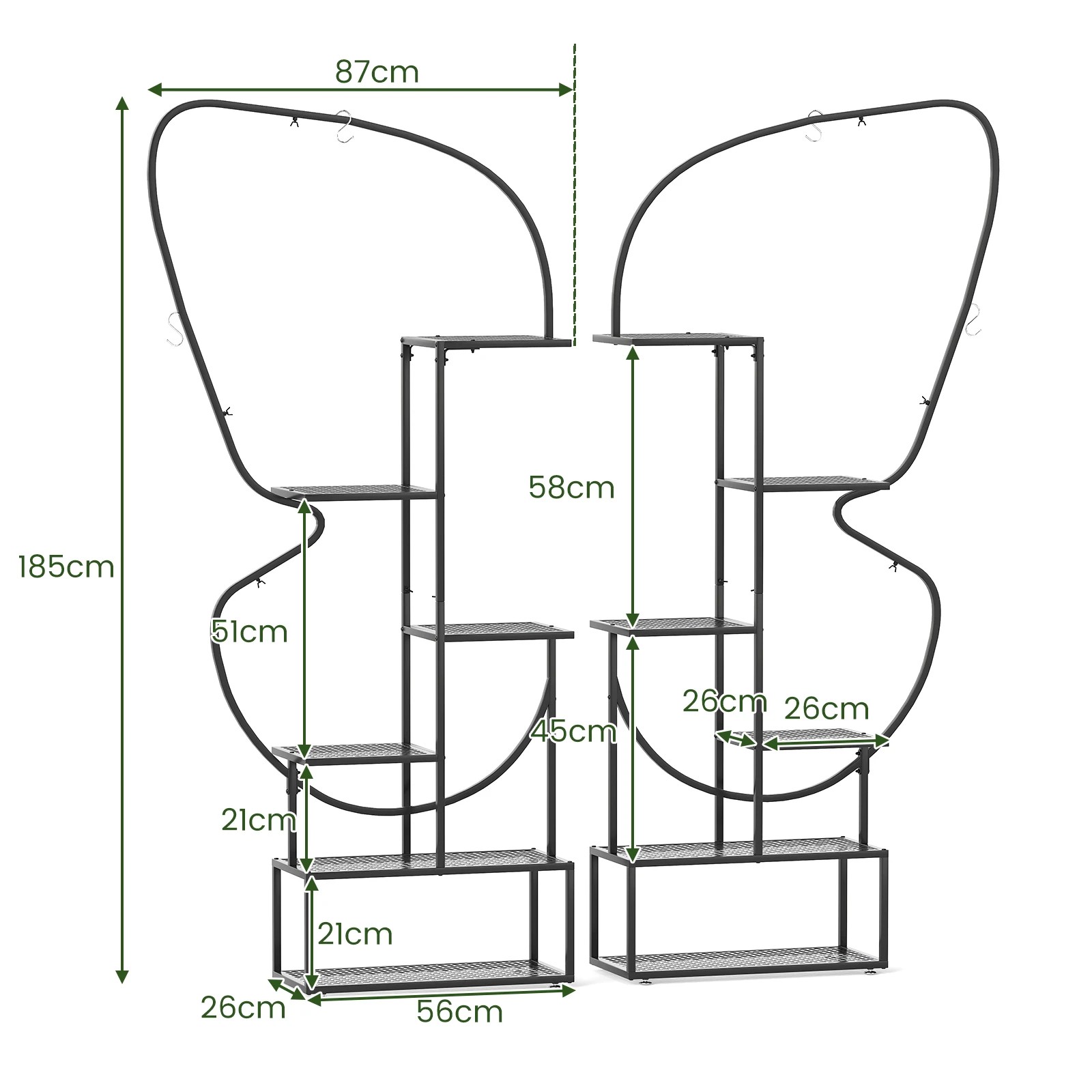 4 Costway 6 Tier Butterfly-Shaped Flower Rack Metal Plant Stand Pot Shelf w/Mesh Boards Hooks, 4 of 4