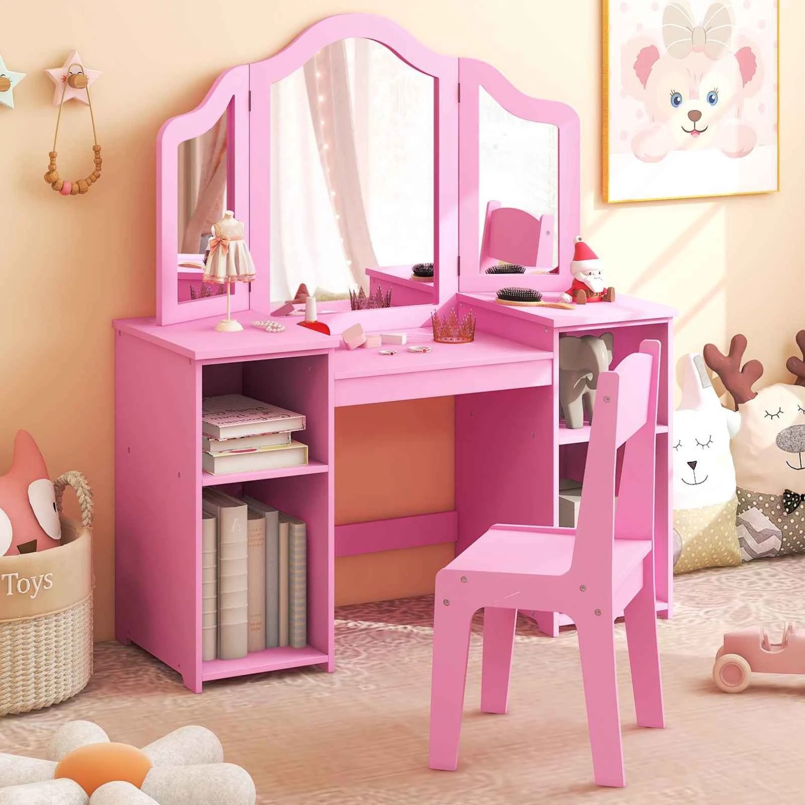 2 Costway Dressing Table & Chair 2-in-1 Princess Makeup Vanity Set - Pink, 2 of 3