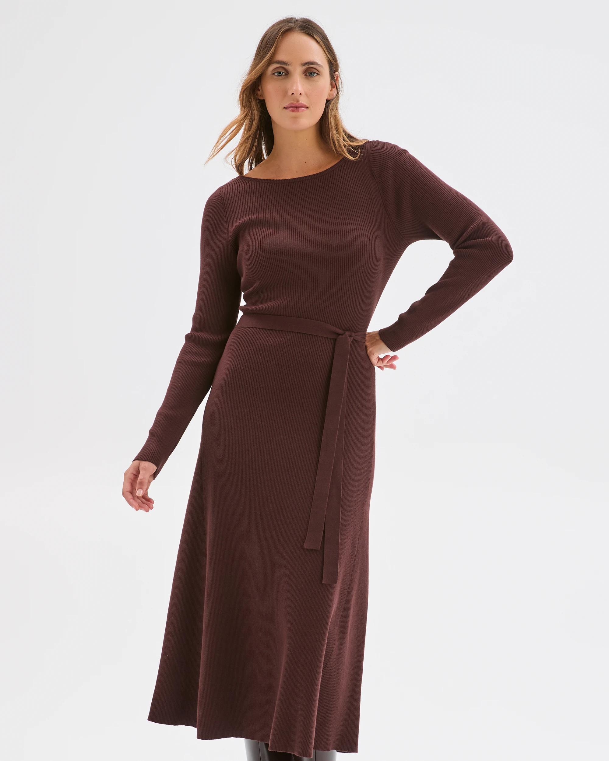 1 Preview Australian Cotton Blend Long Sleeve Knit Midi Dress DARK CHOCOLATE, 1 of 5