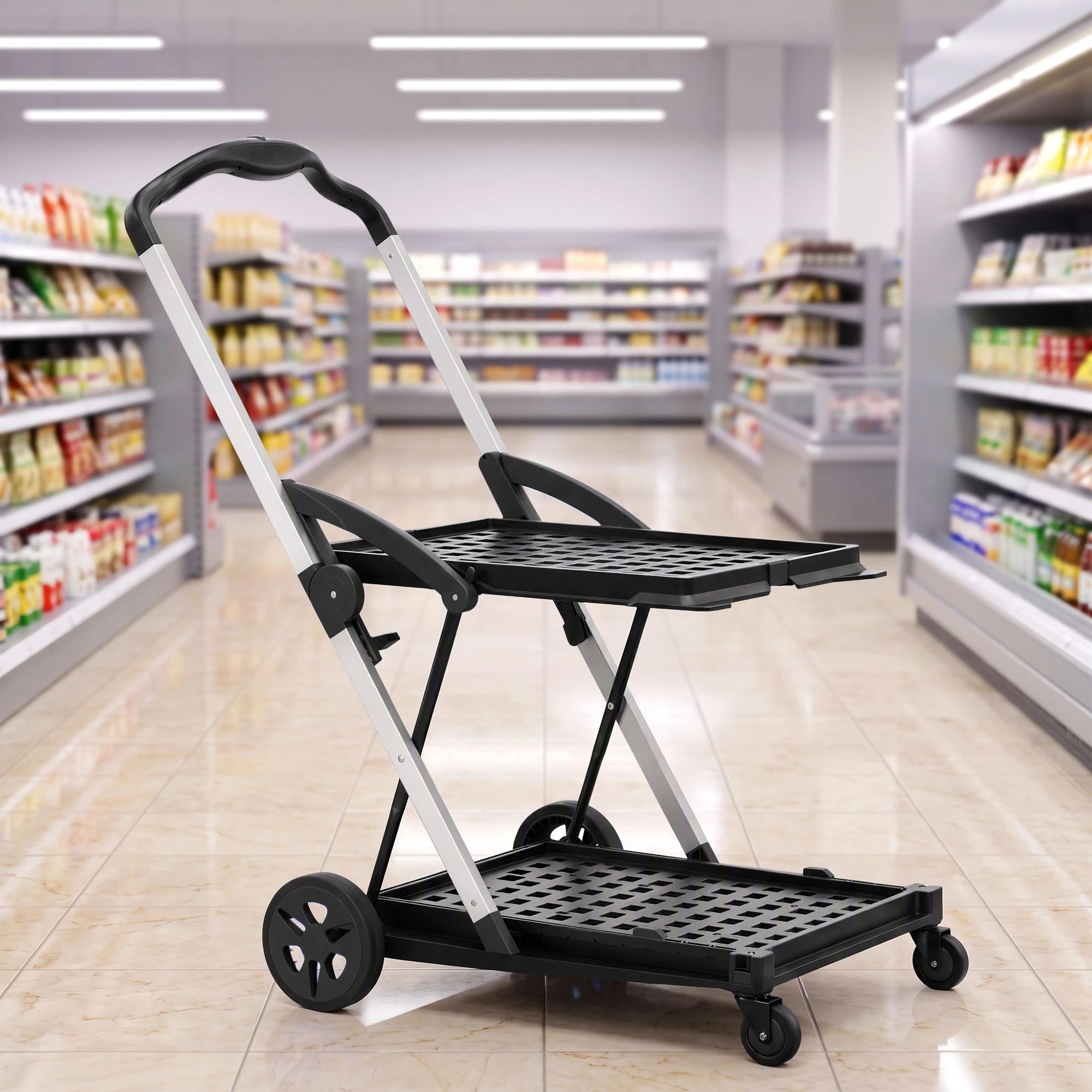6 Artiss Shopping Trolley with Wheel 2 Layer w/2 Crates Foldable Trolley Cart for Grocery 90kg Weight Capacity - Multi, 6 of 10