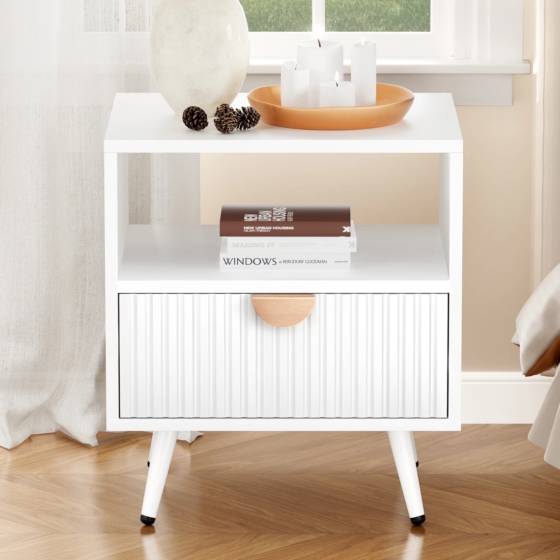 2 Alfordson Bedside Table 1 Drawer Side Storage Shelf Nightstand - White, 2 of 10
