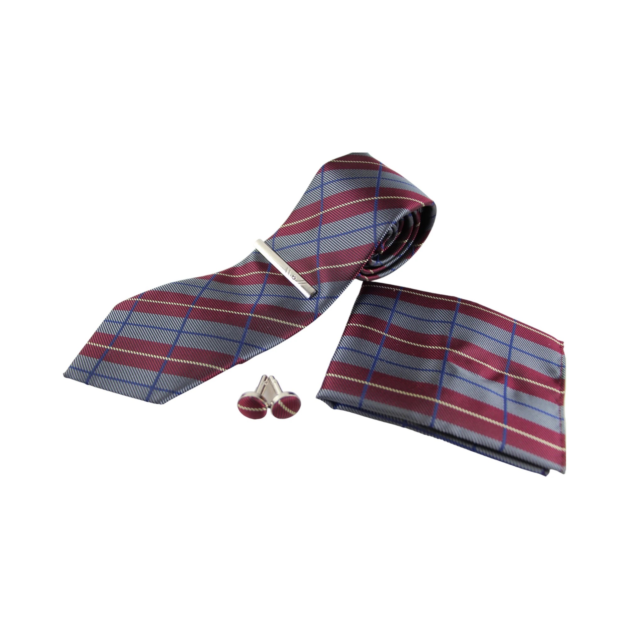 3 Zasel Mens Grey, Maroon & Navy Checkered Matching Neck Tie, Pocket Square, Cuff Links And Tie Clip Set - Multi, 3 of 3
