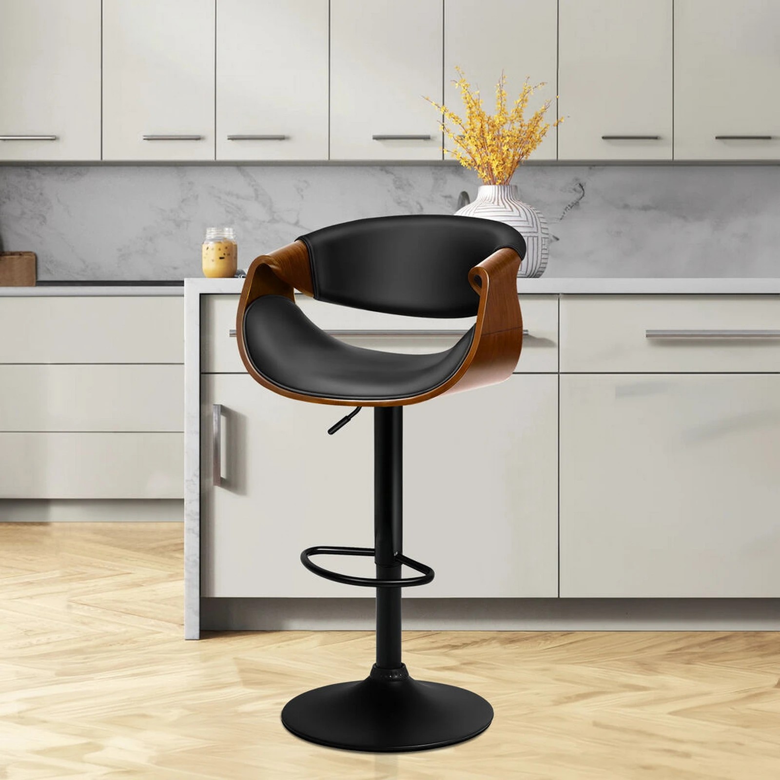 9 Alfordson 1x Bar Stool Kitchen Swivel Chair Wooden Leather Gas Lift Trice - Black, 9 of 10