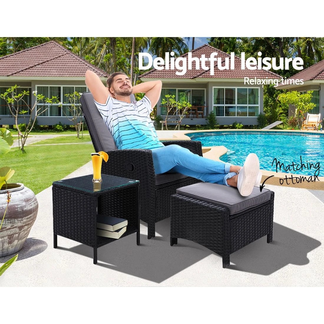 3 Gardeon 3PC Recliner Chairs Table Sun lounge Wicker Outdoor Furniture Adjustable - Black, 3 of 7