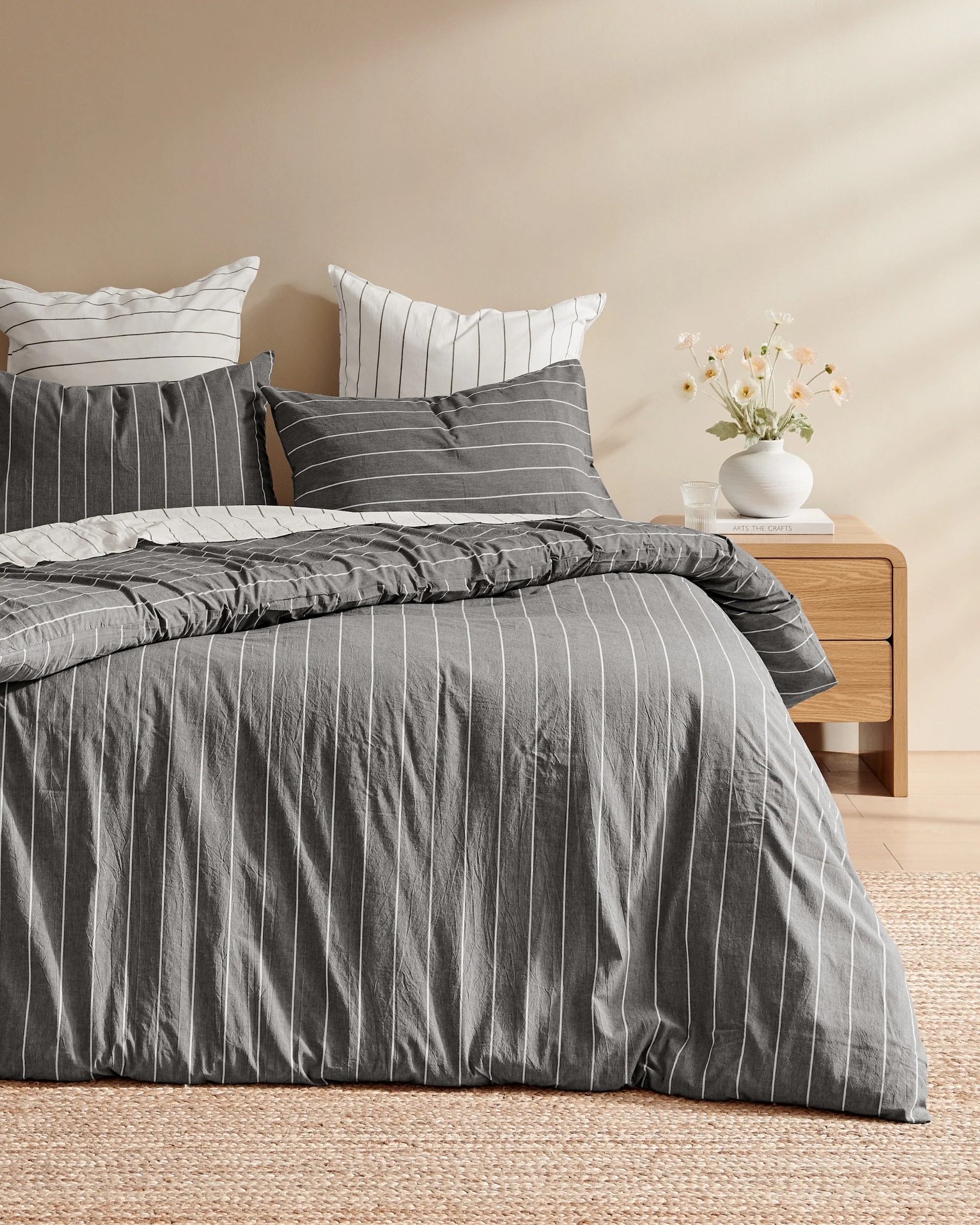 1 Dreamaker Rumi Stripe Washed Cotton Reversible Quilt Cover Set - King Single Bed - Graphite with White, 1 of 6