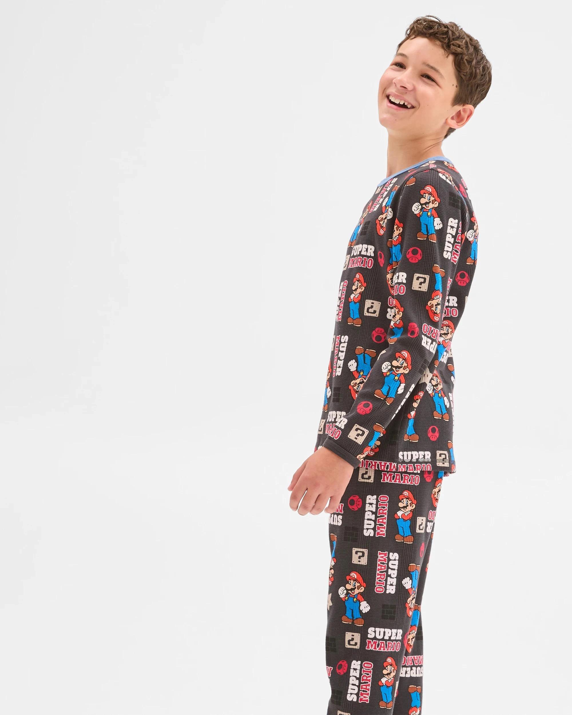 1 Super Mario Australian Cotton Older Boys Waffle Knit Pyjama Set MARIO, 1 of 6