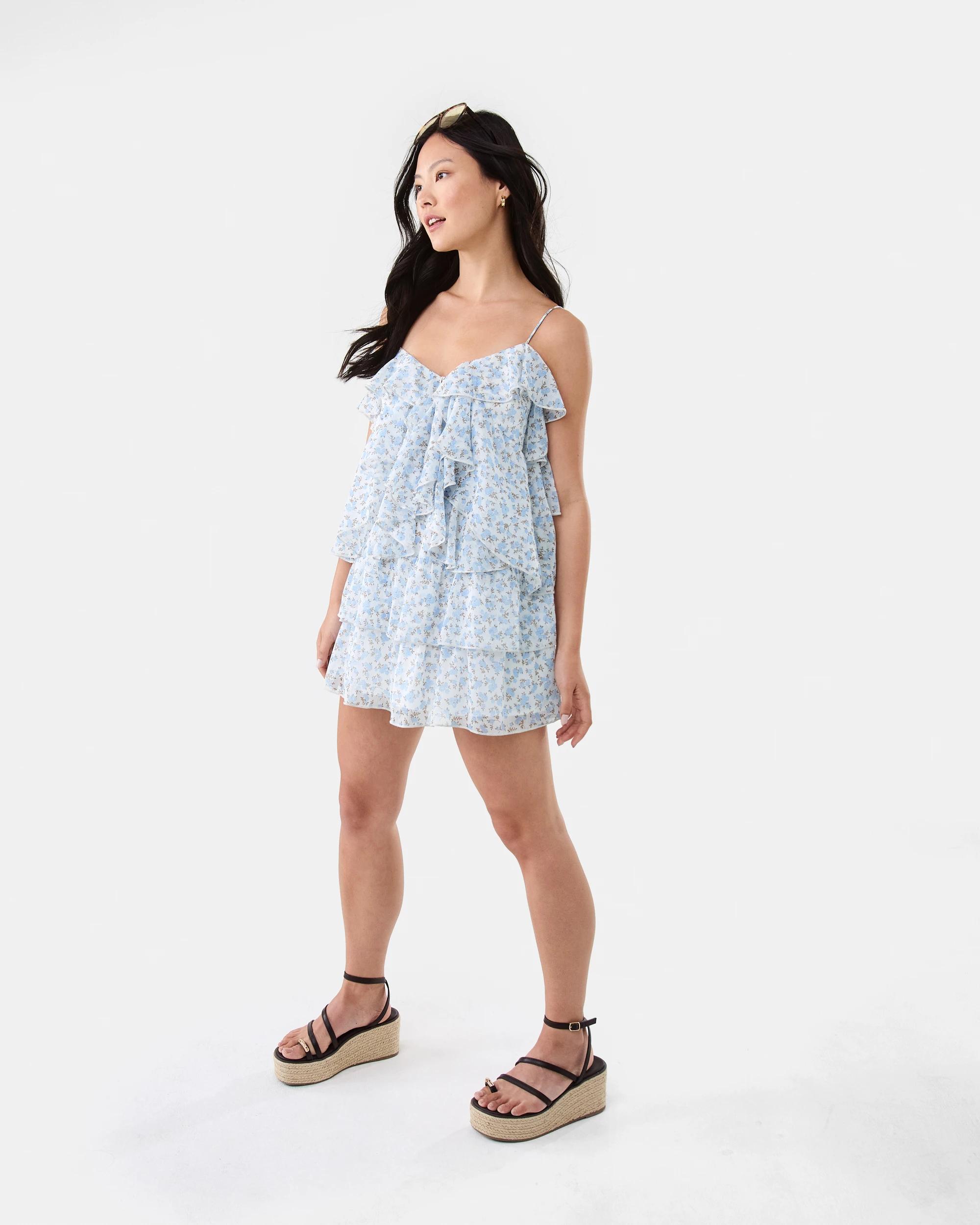 5 Chiffon Layered Mini Dress Blu Floral, 5 of 9