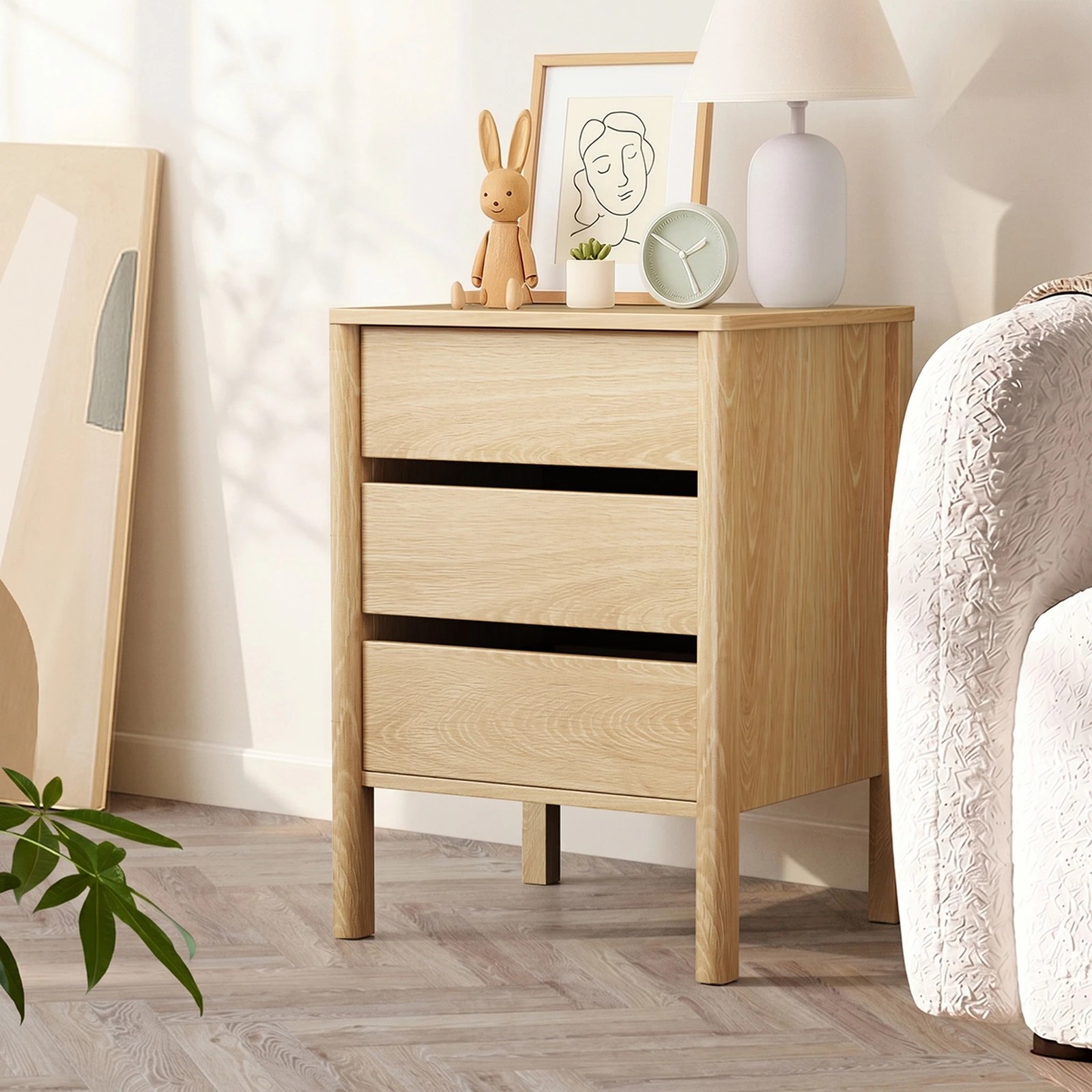 4 Oikiture 2x Bedside Table 3 Drawers Side Table Nightstand Handle-free - Natural, 4 of 9