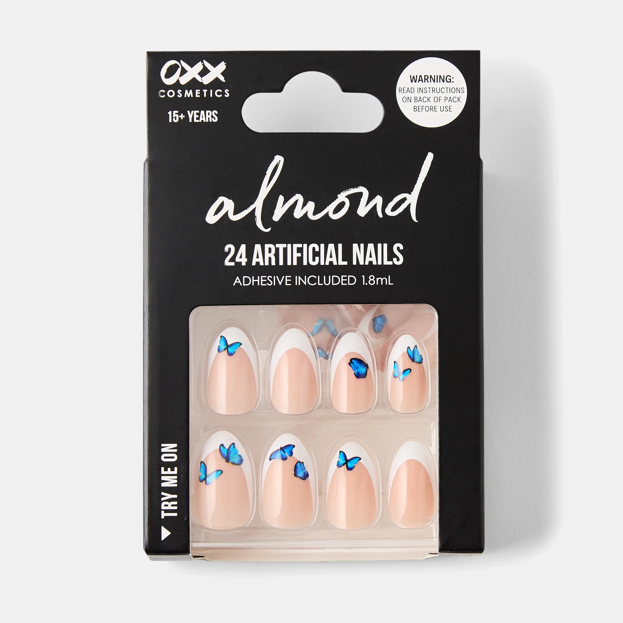 1 OXX Cosmetics 24 Pack Artificial Nails with Adhesive - Almond Shape, French Tip and Blue Butterflies, 1 of 5