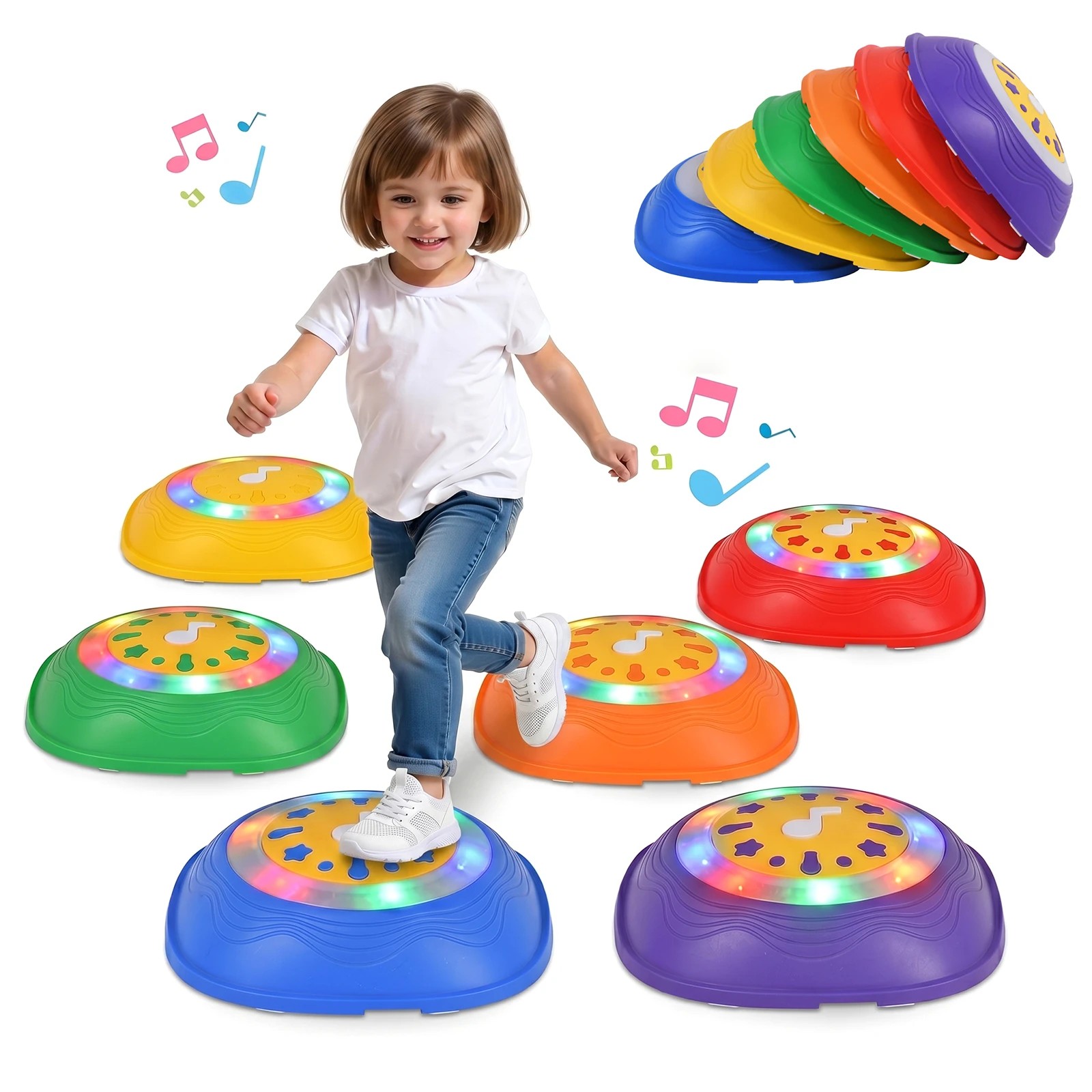 2 Advwin Kids Light Up Musical Stepping Stones Set of 6 LED Balance Stones Non-Slip Sensory Play Toys - Multi, 2 of 5