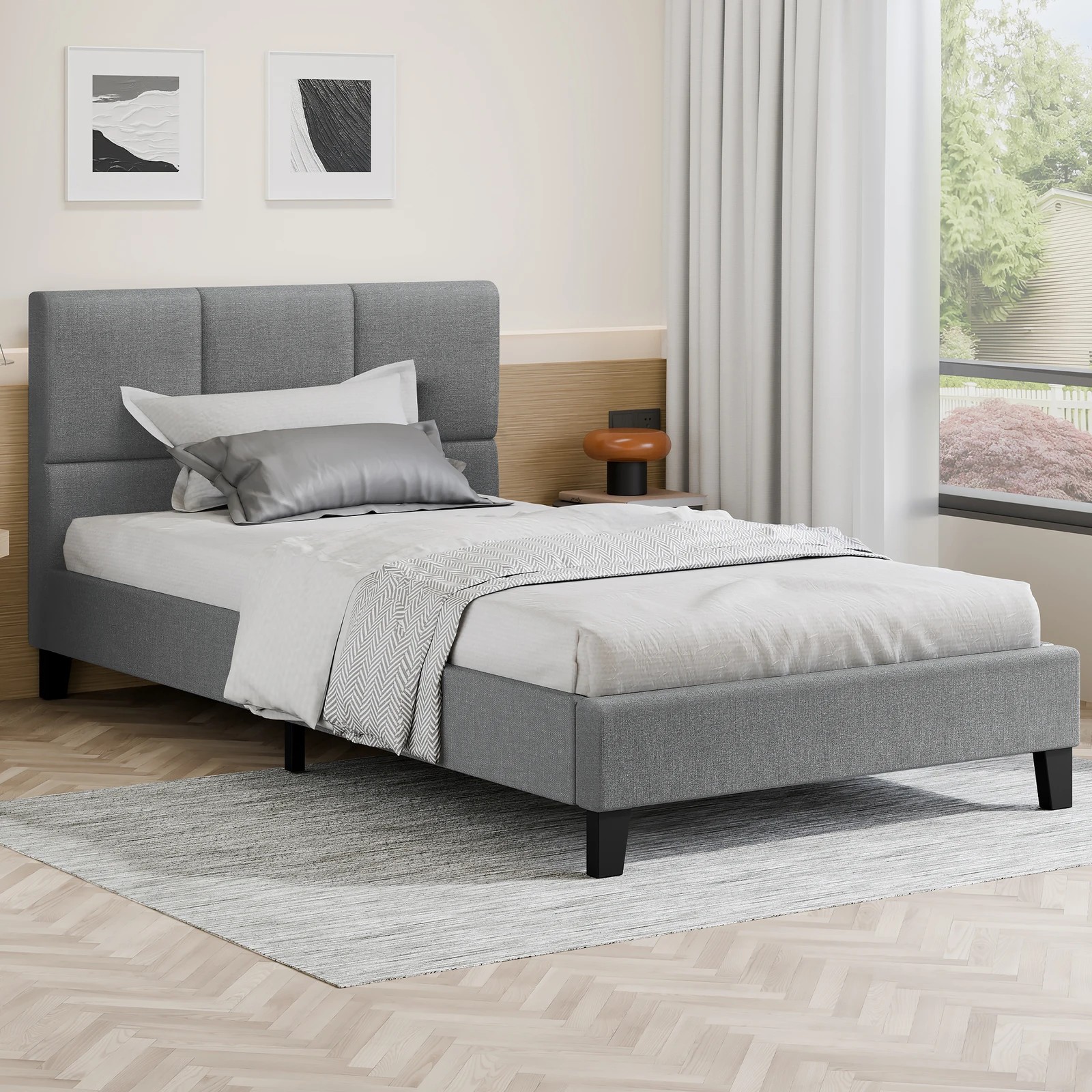 2 Alfordson Bed Frame Single Size Wooden Platform Mattress Base Fabric - Grey, 2 of 10